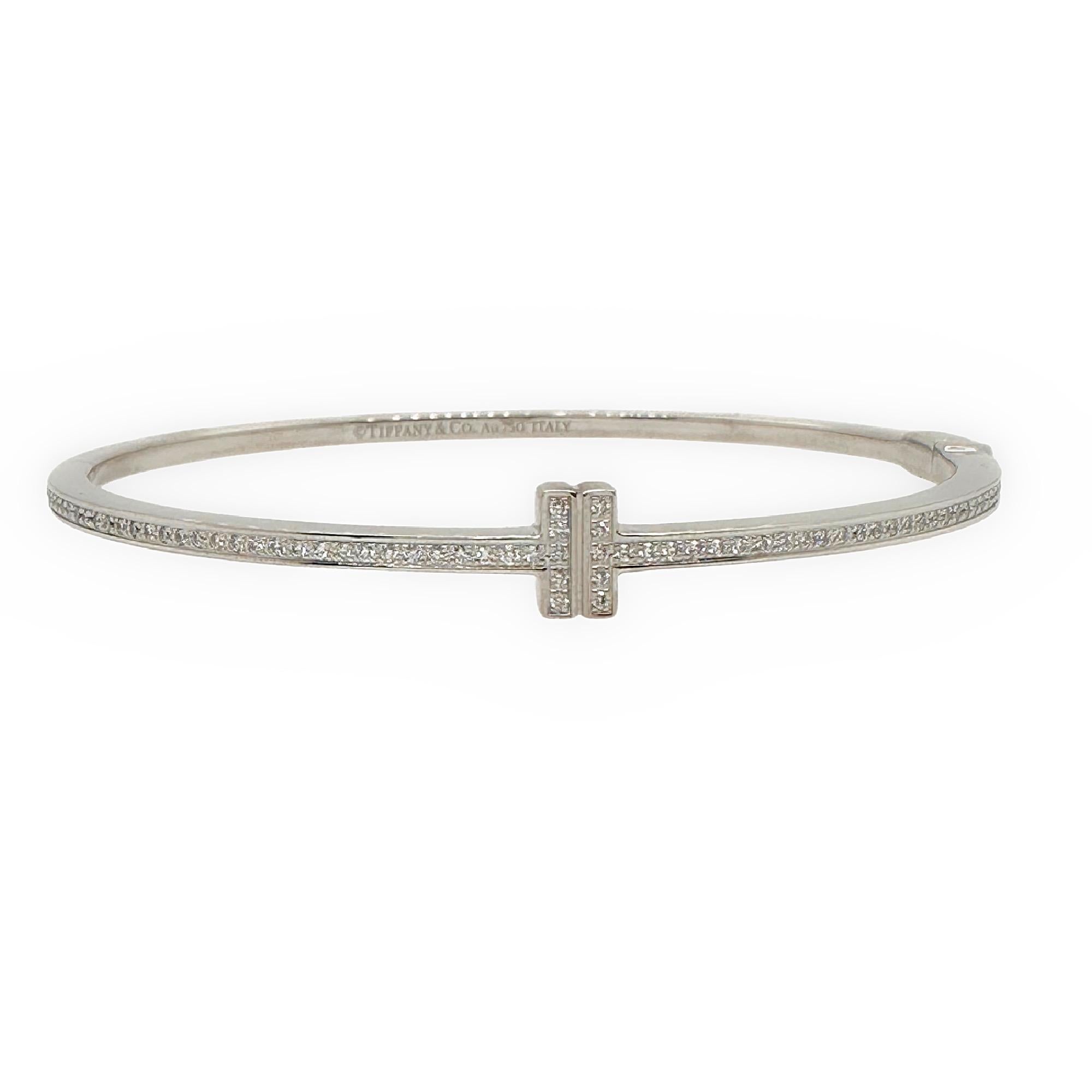 Round Cut Tiffany & Co. Diamond T Hinged Wire Bangle 18kt White Gold For Sale