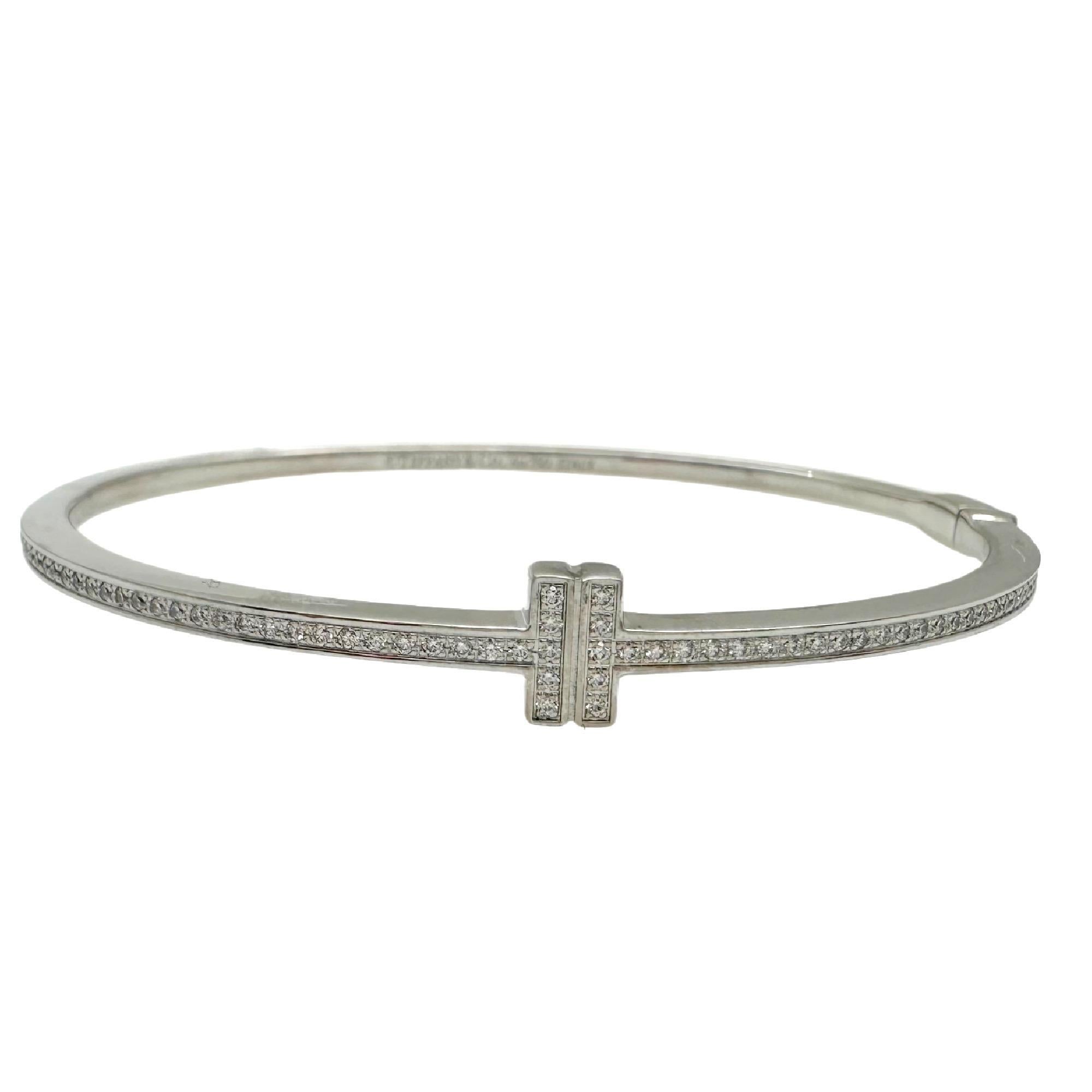 Tiffany & Co. Diamond T Hinged Wire Bangle 18kt White Gold For Sale 2