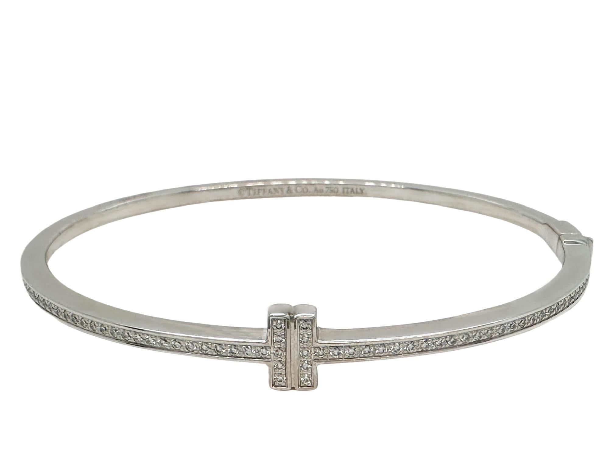Tiffany & Co. Diamond T Hinged Wire Bangle 18kt White Gold For Sale 3