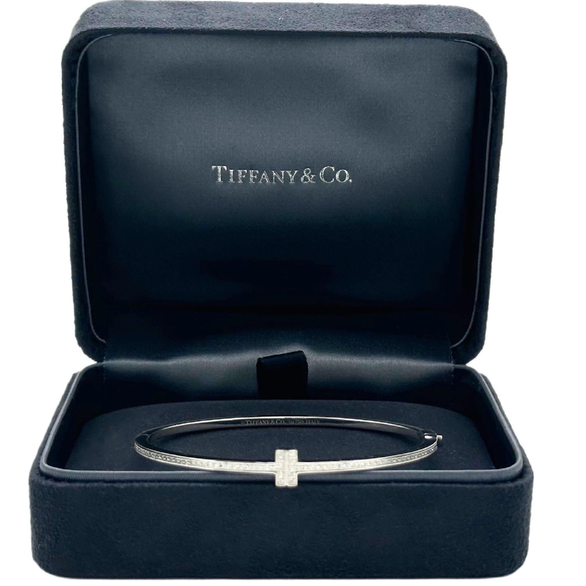 Tiffany & Co. Diamond T Hinged Wire Bangle 18kt White Gold For Sale 3