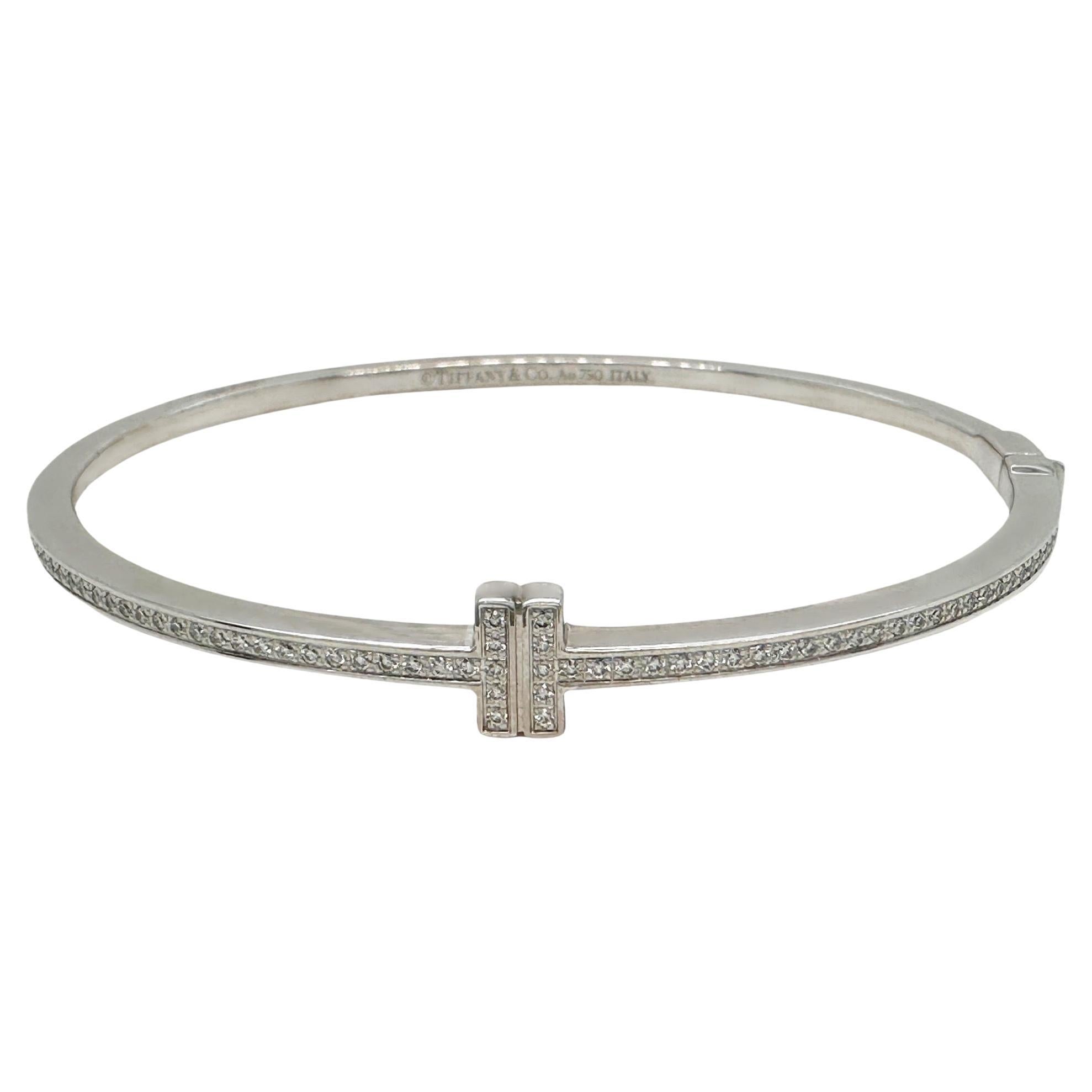 Tiffany & Co. Diamond T Hinged Wire Bangle 18kt White Gold For Sale