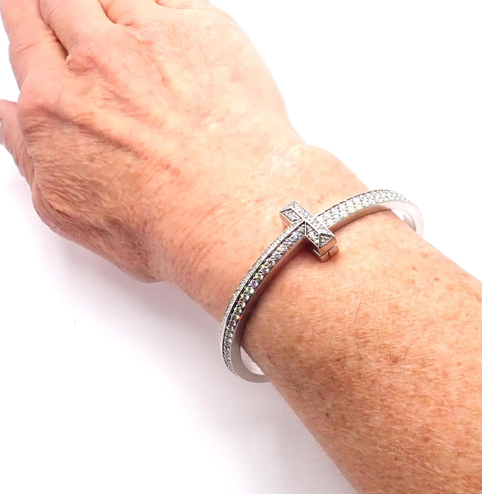 Tiffany & Co Diamond T1 Wide Hinged White Gold Bangle Bracelet For Sale 6