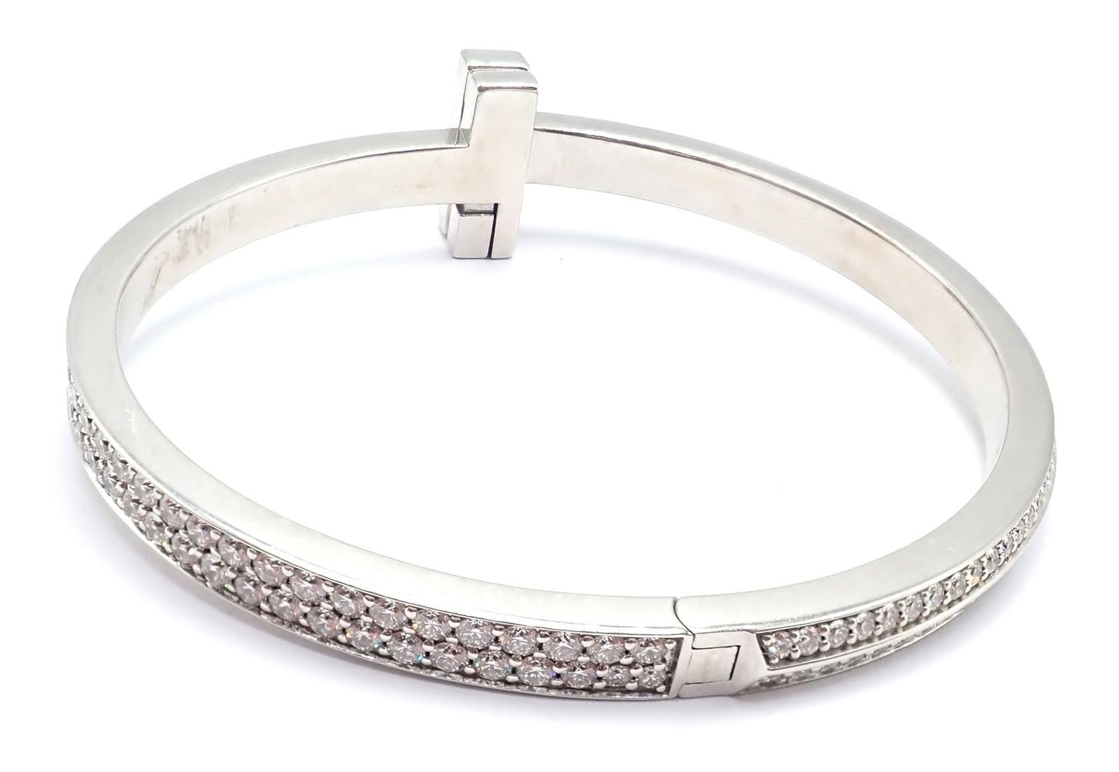 Women's or Men's Tiffany & Co Diamond T1 Wide Hinged White Gold Bangle Bracelet For Sale