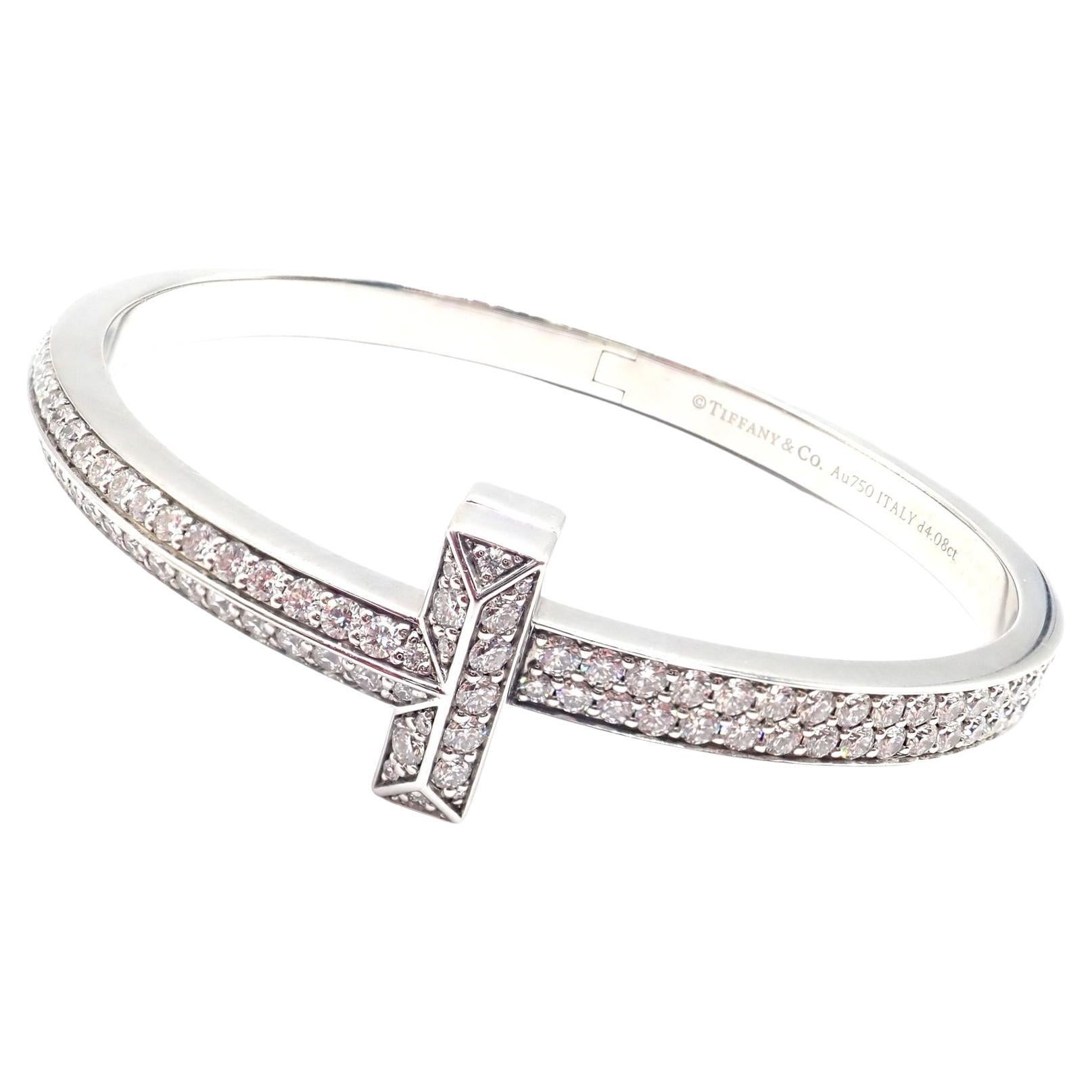 Tiffany & Co Diamond T1 Wide Hinged White Gold Bangle Bracelet