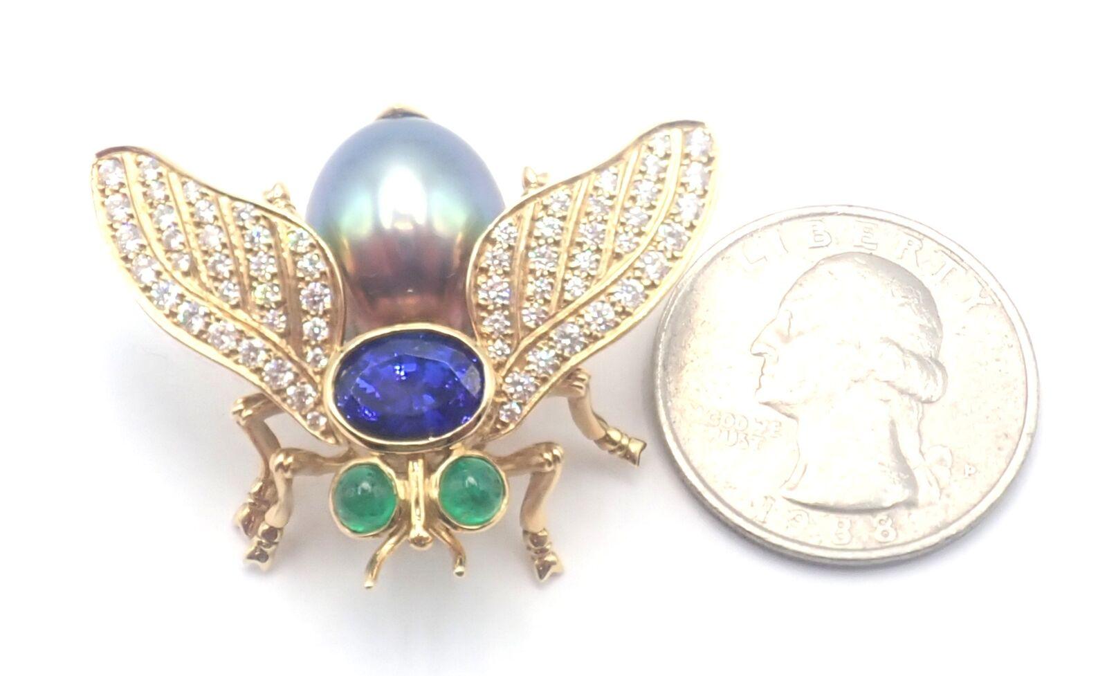 Tiffany & Co Diamond Tahitian Pearl Tanzanite Emerald Fly Yellow Gold Pin Brooch For Sale 7