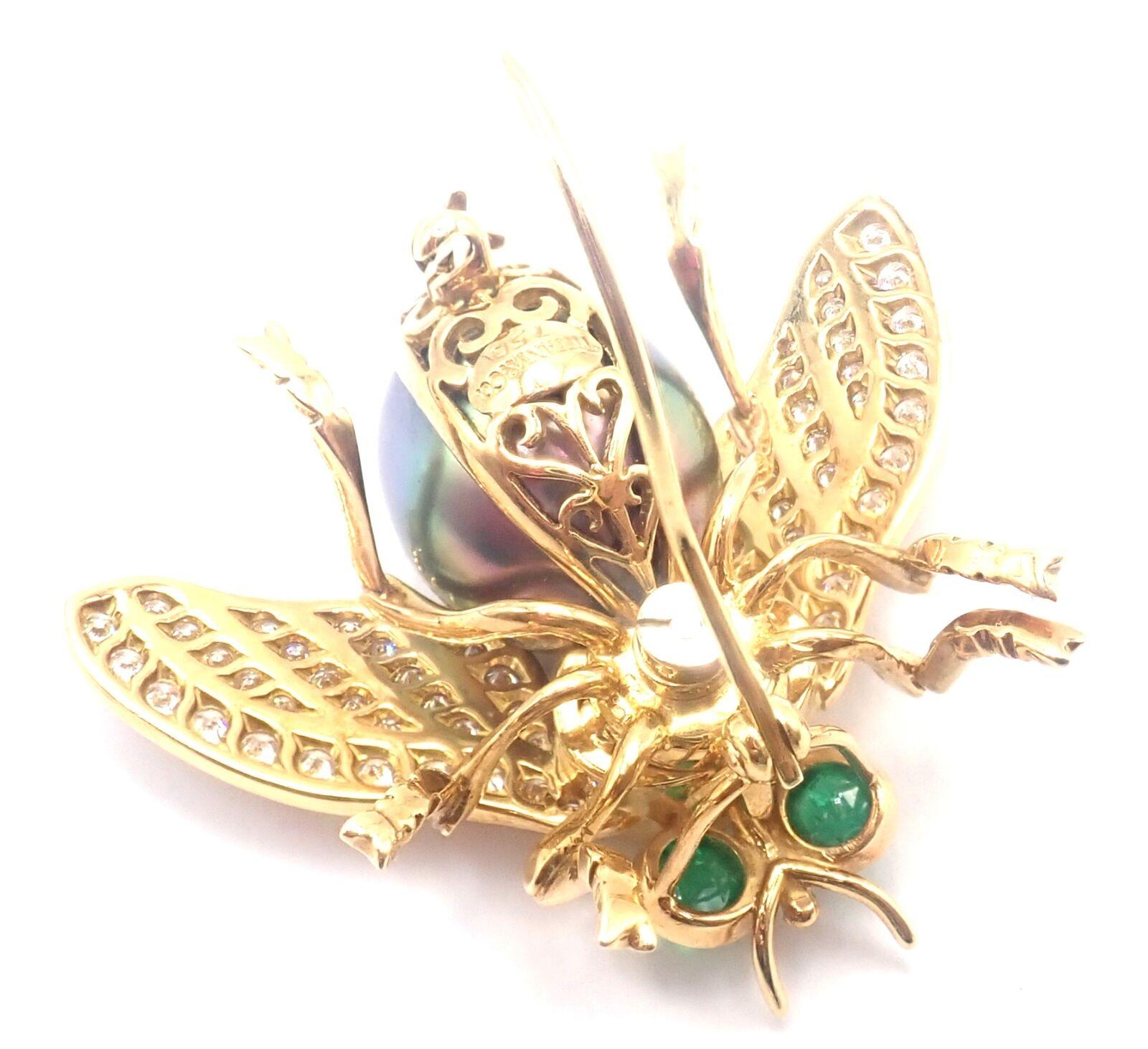 Brilliant Cut Tiffany & Co Diamond Tahitian Pearl Tanzanite Emerald Fly Yellow Gold Pin Brooch For Sale
