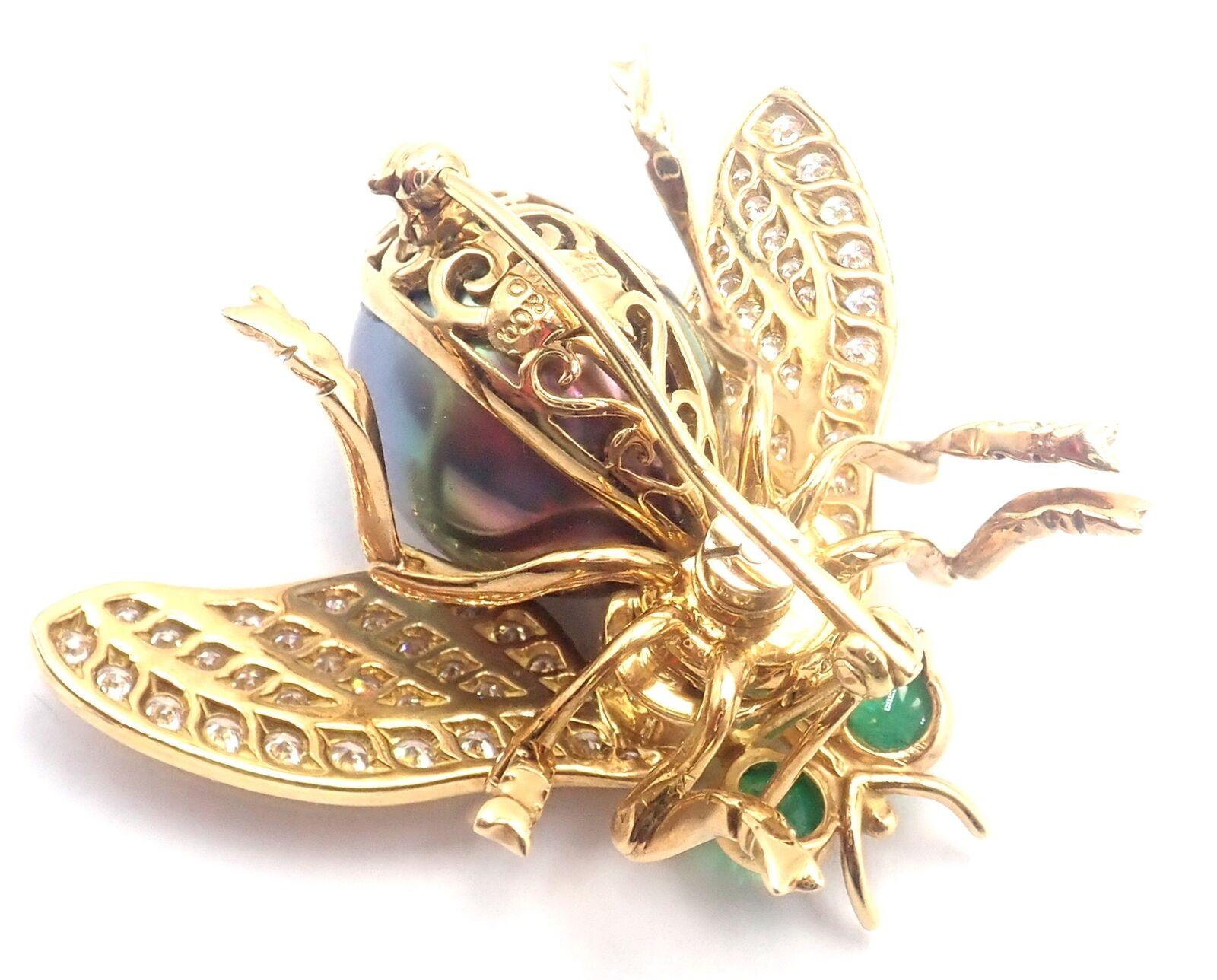 Tiffany & Co Diamond Tahitian Pearl Tanzanite Emerald Fly Yellow Gold Pin Brooch For Sale 2
