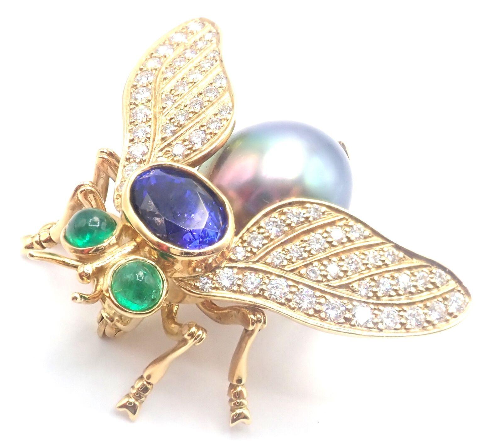 Tiffany & Co Diamond Tahitian Pearl Tanzanite Emerald Fly Yellow Gold Pin Brooch For Sale 3