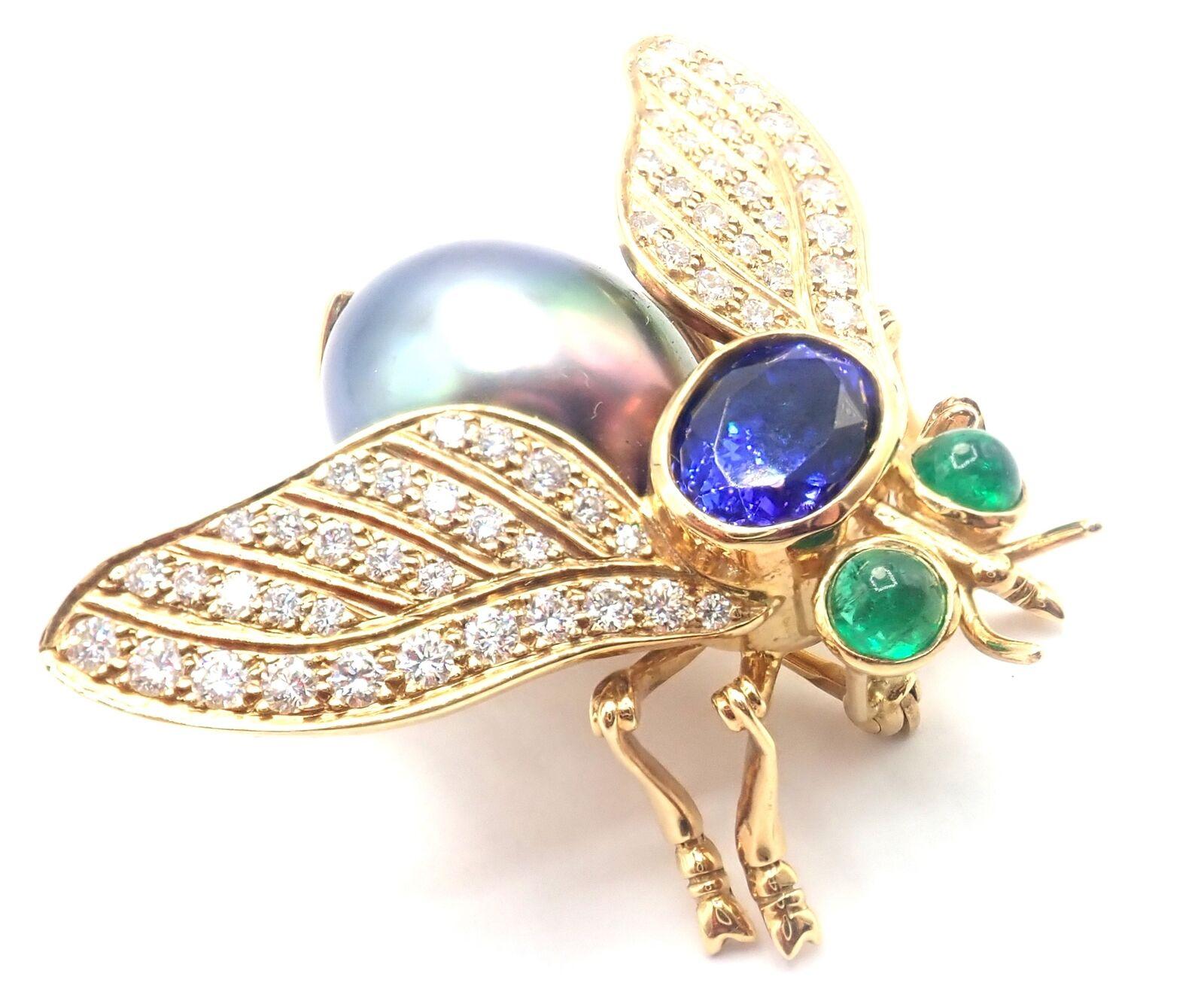 Tiffany & Co Diamond Tahitian Pearl Tanzanite Emerald Fly Yellow Gold Pin Brooch For Sale 4