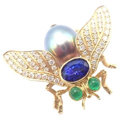 Tiffany & Co Diamond Tahitian Pearl Tanzanite Emerald Fly Yellow Gold Pin Brooch