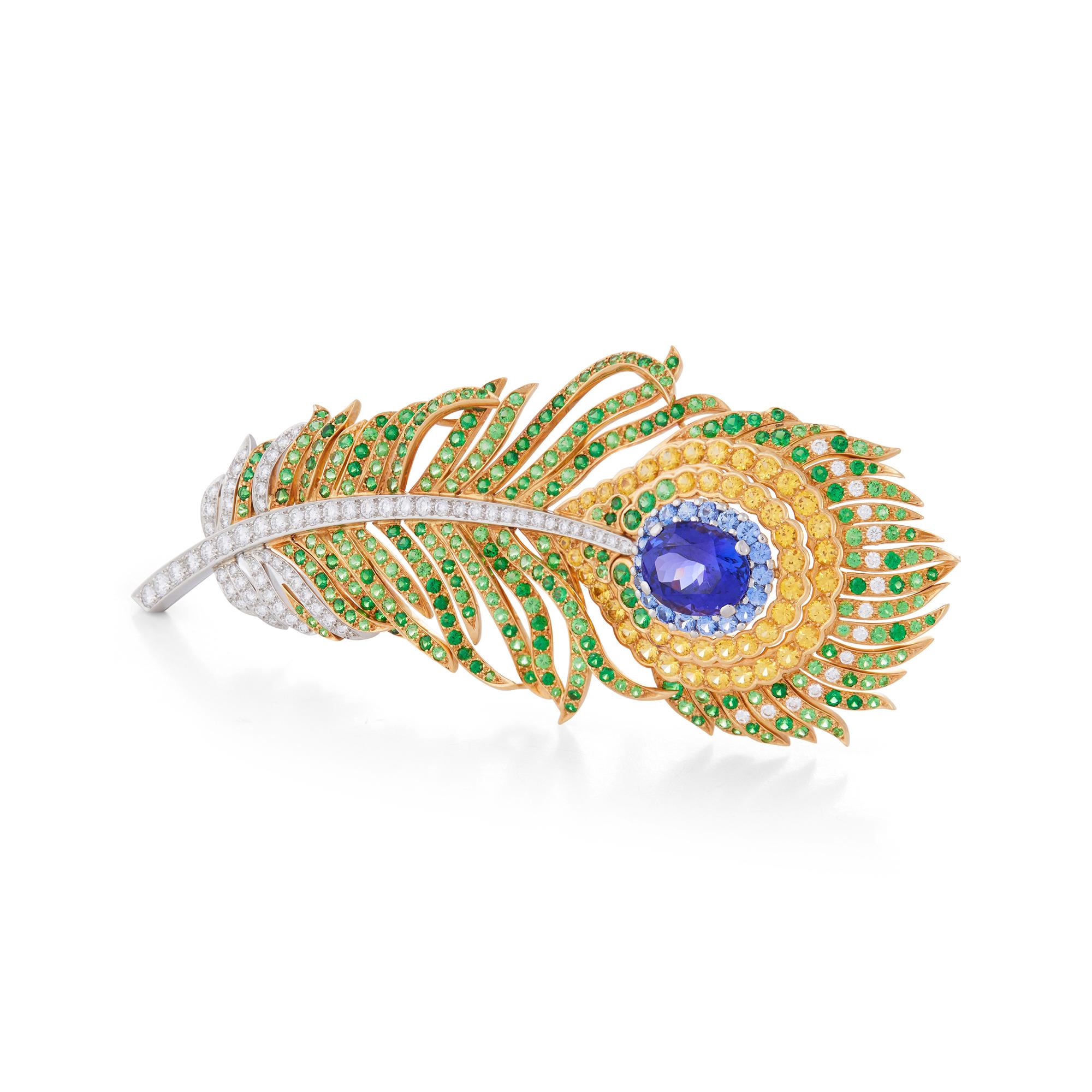 Tiffany & Co. Diamond Tanzanite and Sapphire Feather Brooch In Excellent Condition In New York, NY