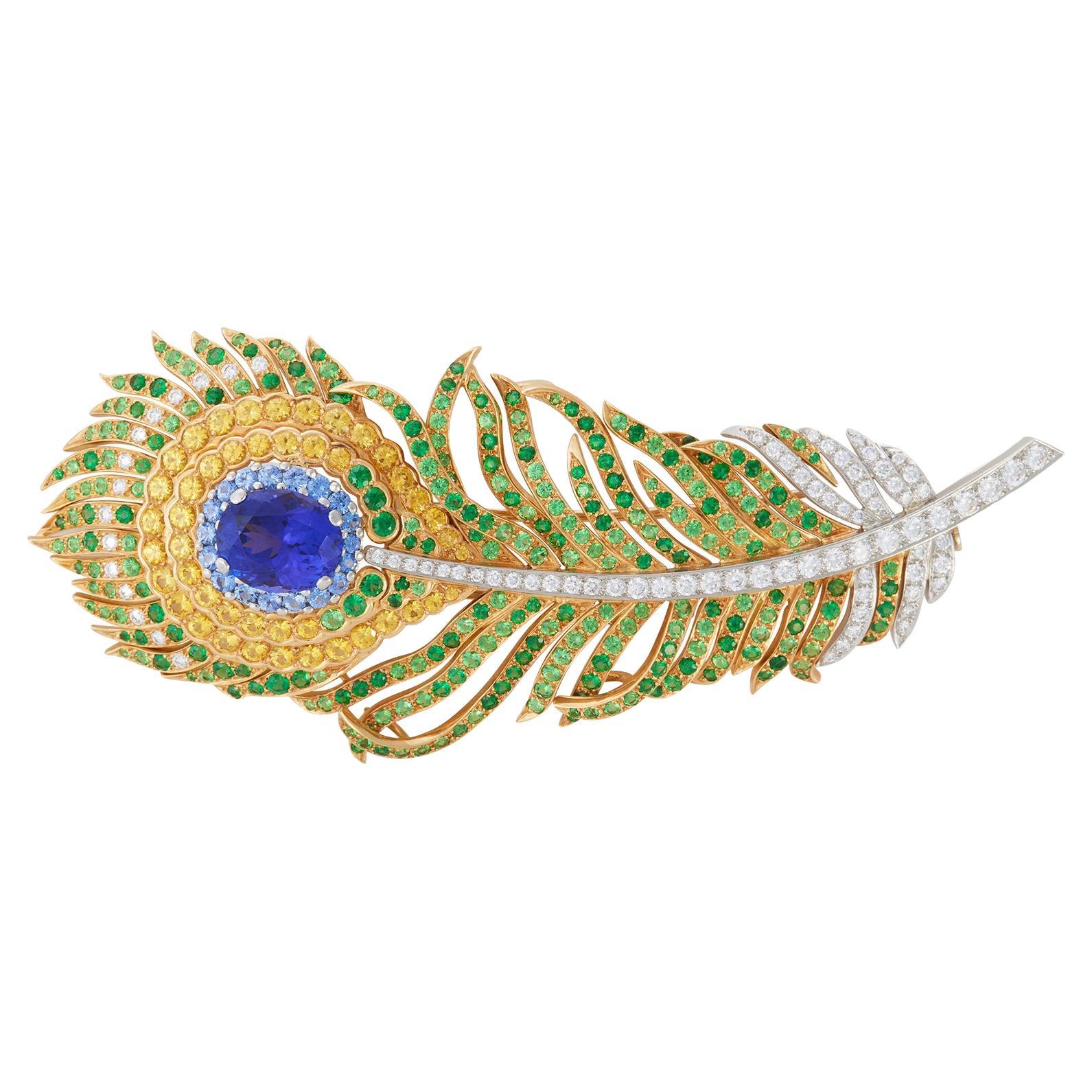 Tiffany & Co. Diamond Tanzanite and Sapphire Feather Brooch