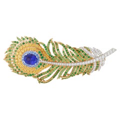 Retro Tiffany & Co. Diamond Tanzanite and Sapphire Feather Brooch
