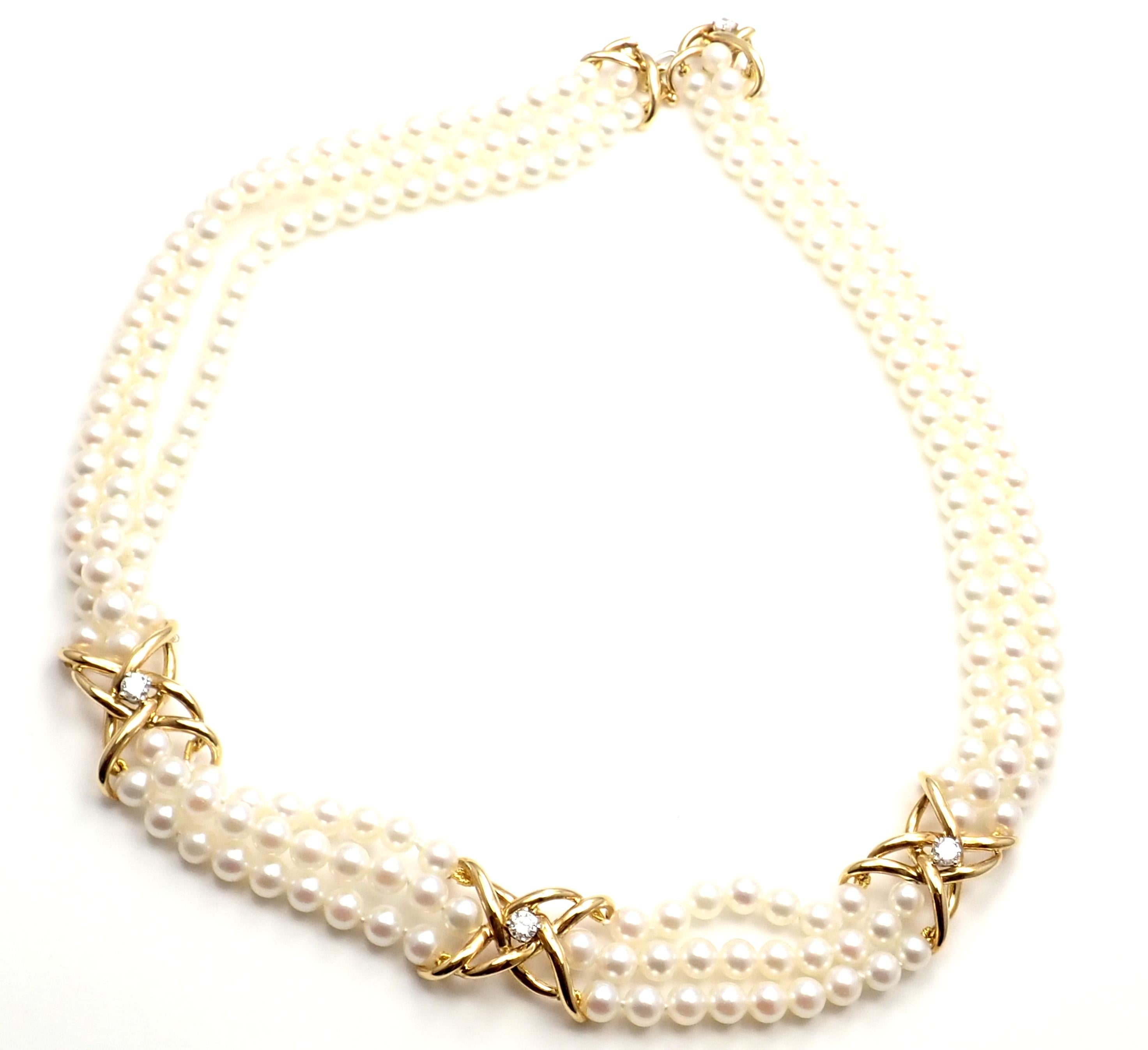 18k Yellow Diamond triple strand cultured pearl necklace by Tiffany & Co. 
With 4 round brilliant cut diamonds VS1 clarity, G color total weight approx. .58ct
Akoya pearls measures 4.5mm - 5mm 
Details:
Measurements:
Necklace Length: 16