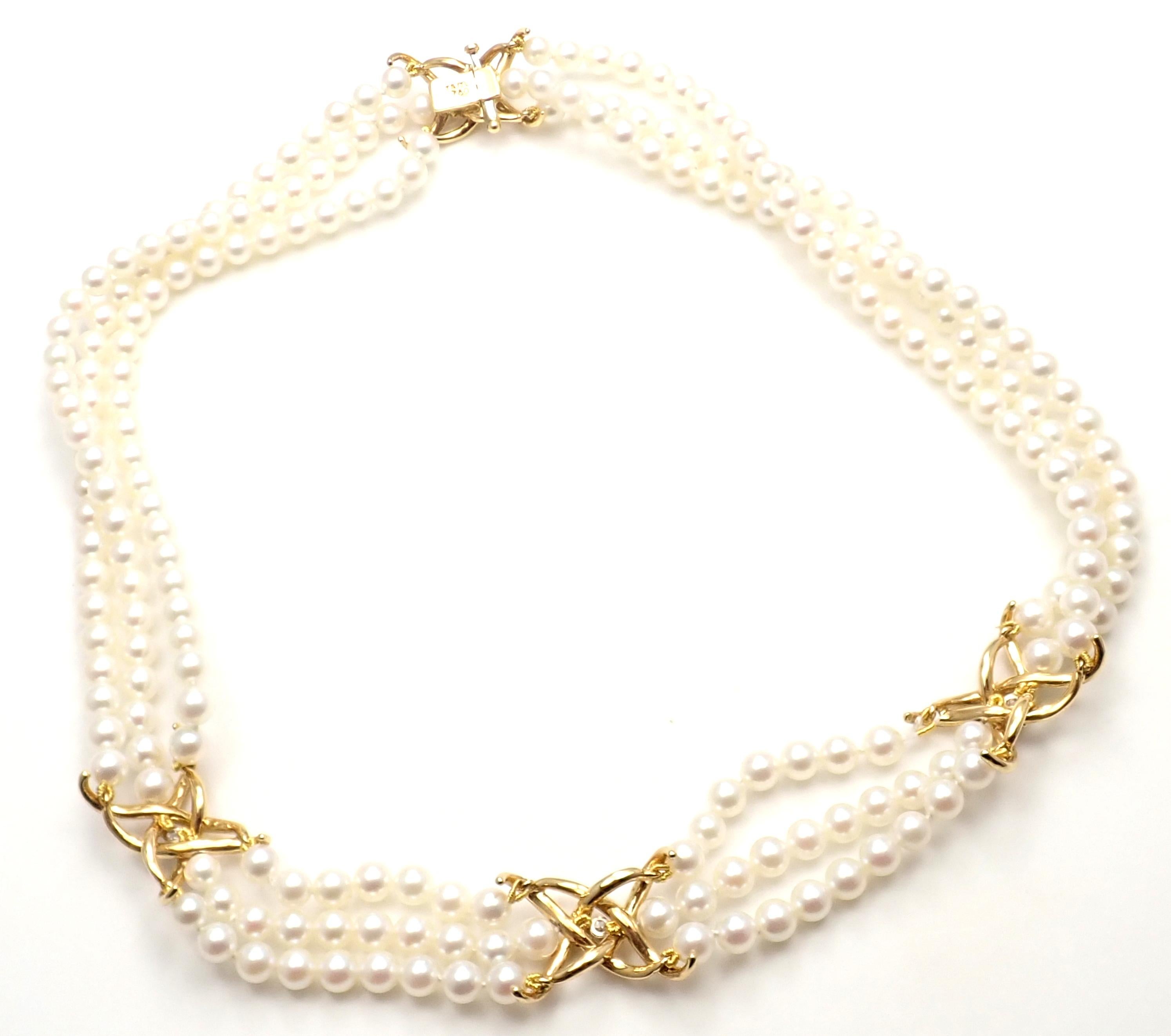 Tiffany & Co. Diamond Three-Strand Pearl Yellow Gold Necklace In New Condition In Southampton, PA