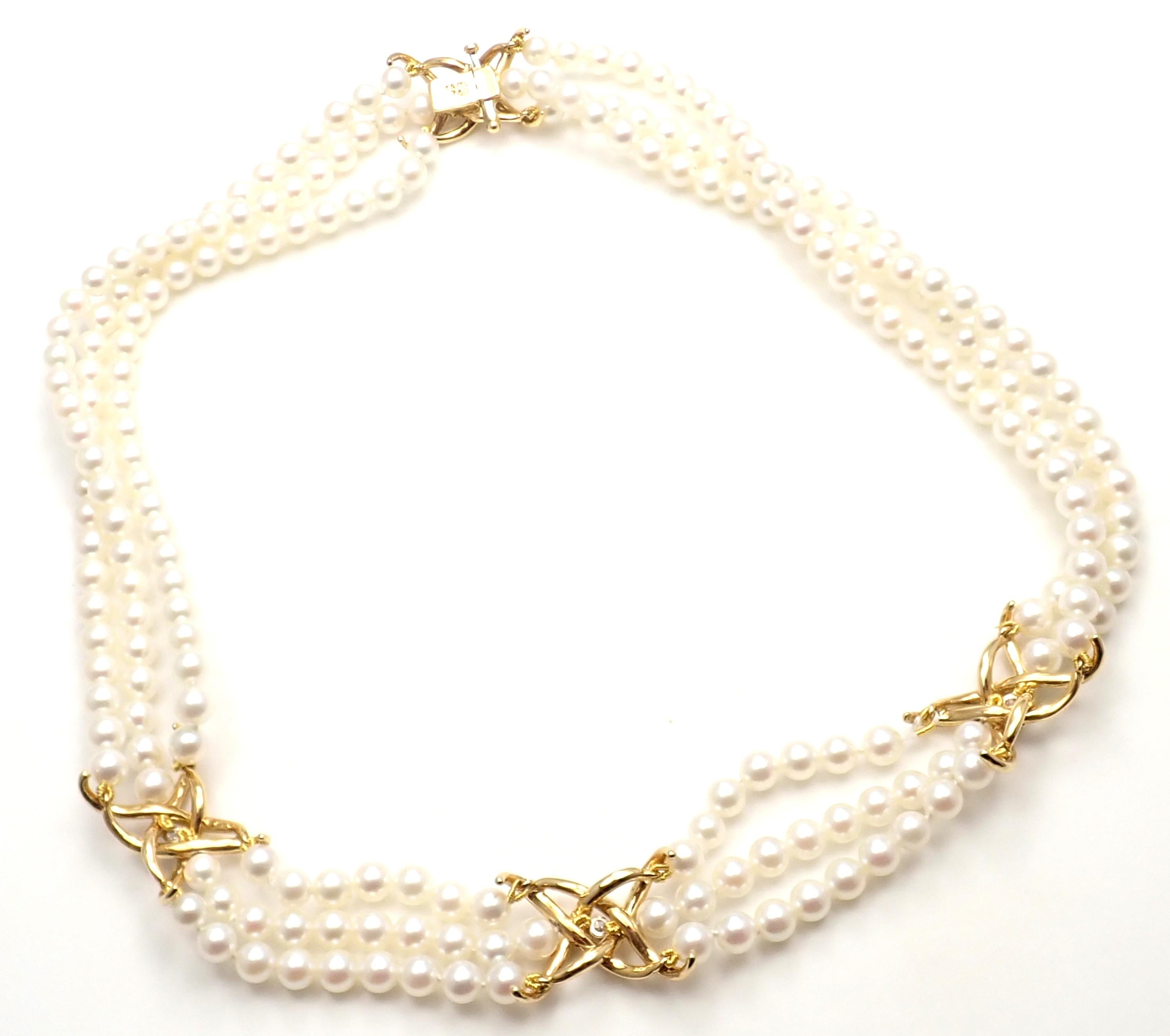 Women's or Men's Tiffany & Co. Diamond Three-Strand Pearl Yellow Gold Necklace For Sale