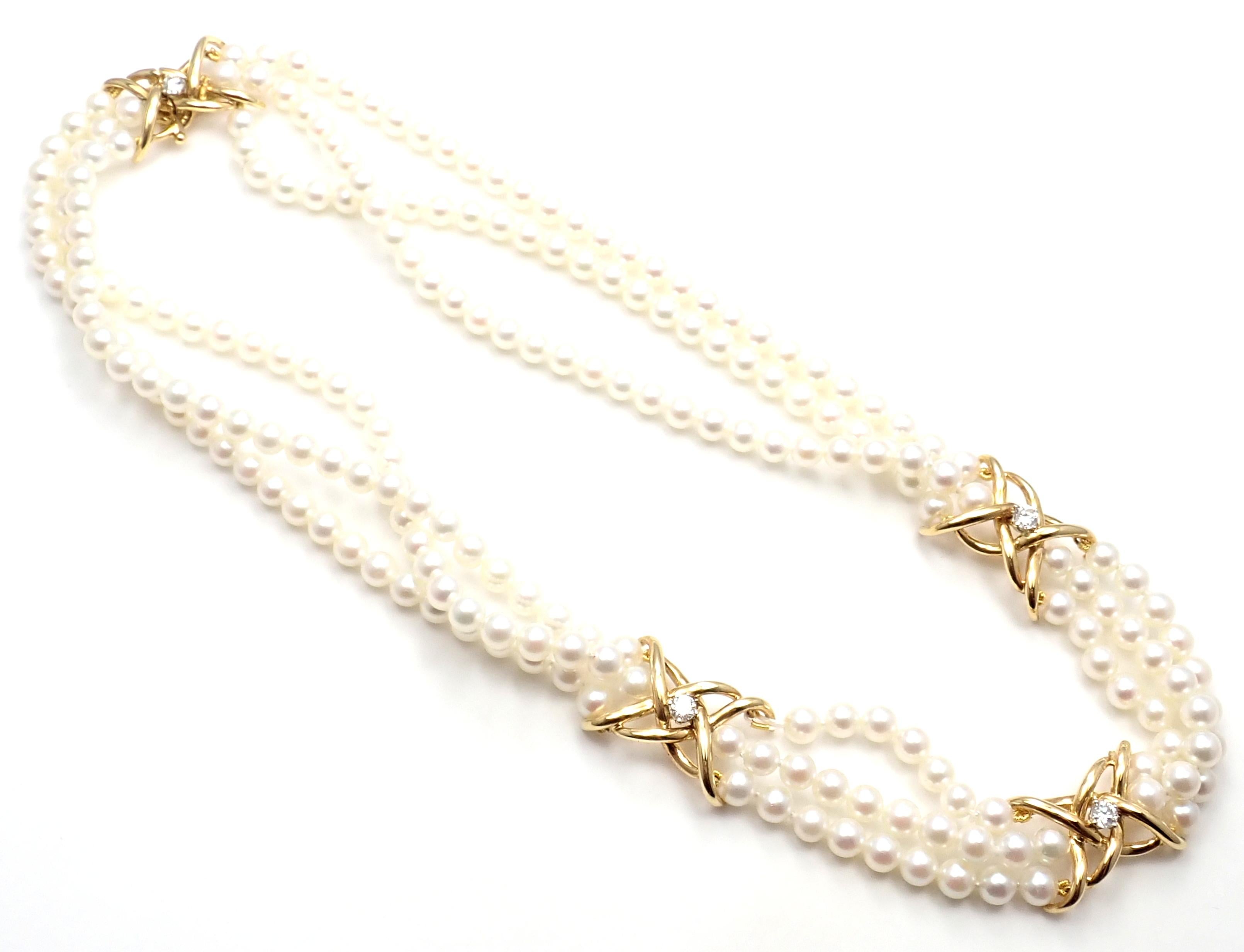 Tiffany & Co. Diamond Three-Strand Pearl Yellow Gold Necklace For Sale 1