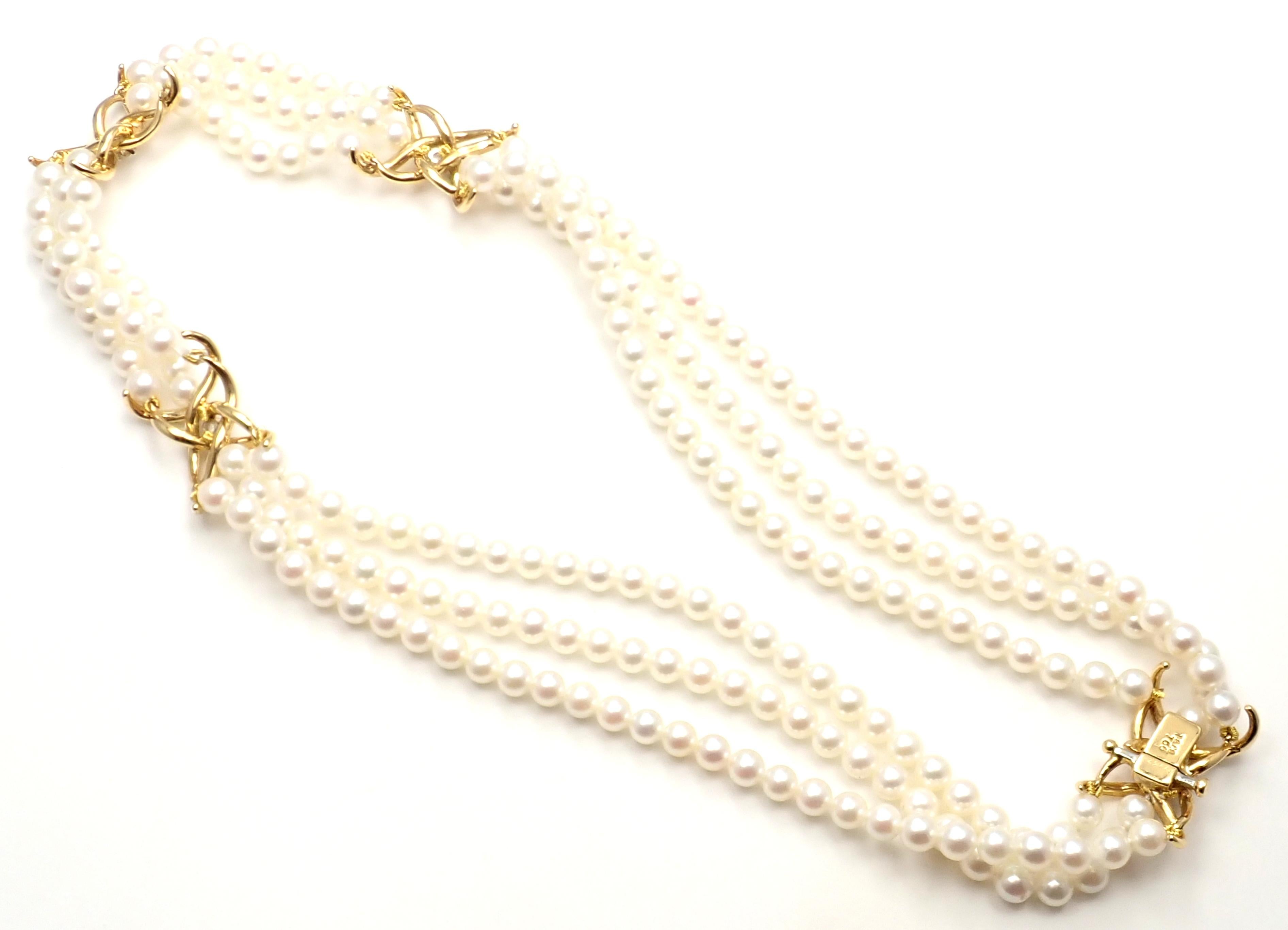 Tiffany & Co. Diamond Three-Strand Pearl Yellow Gold Necklace For Sale 2