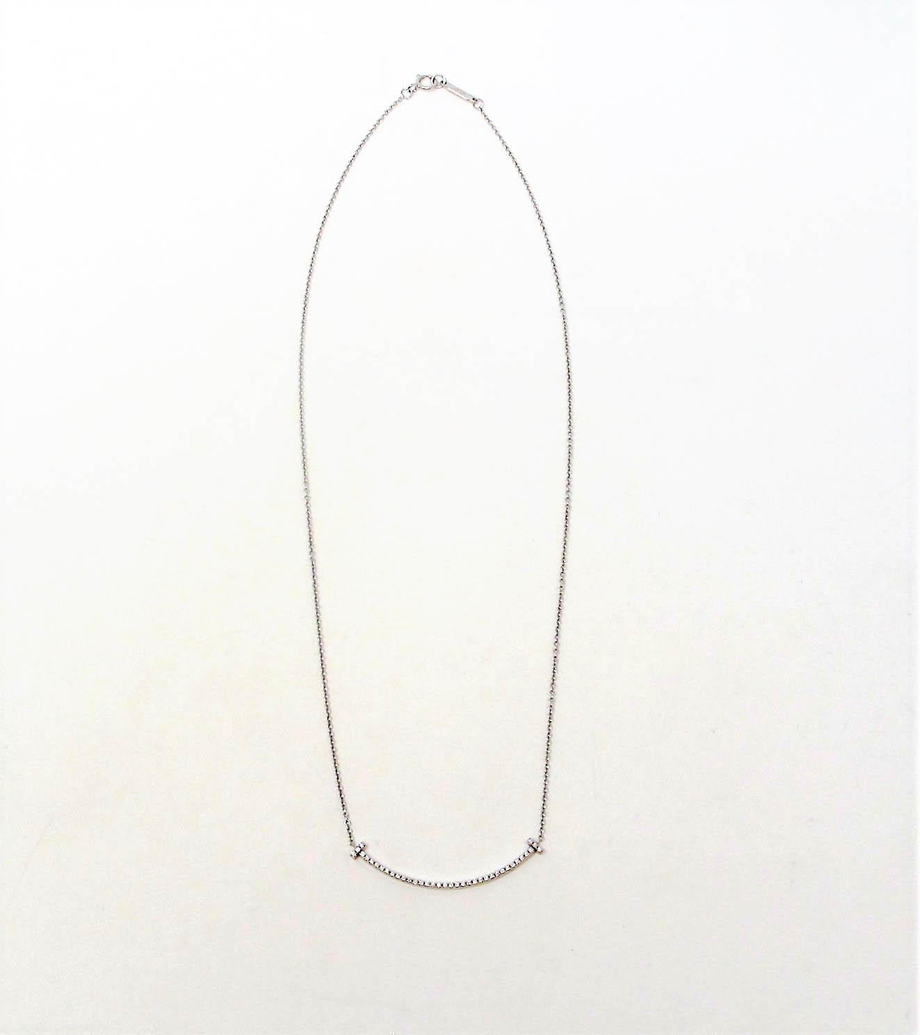Round Cut Tiffany & Co. Diamond Tiffany T Smile Pendant Necklace 18 Karat White Gold Small