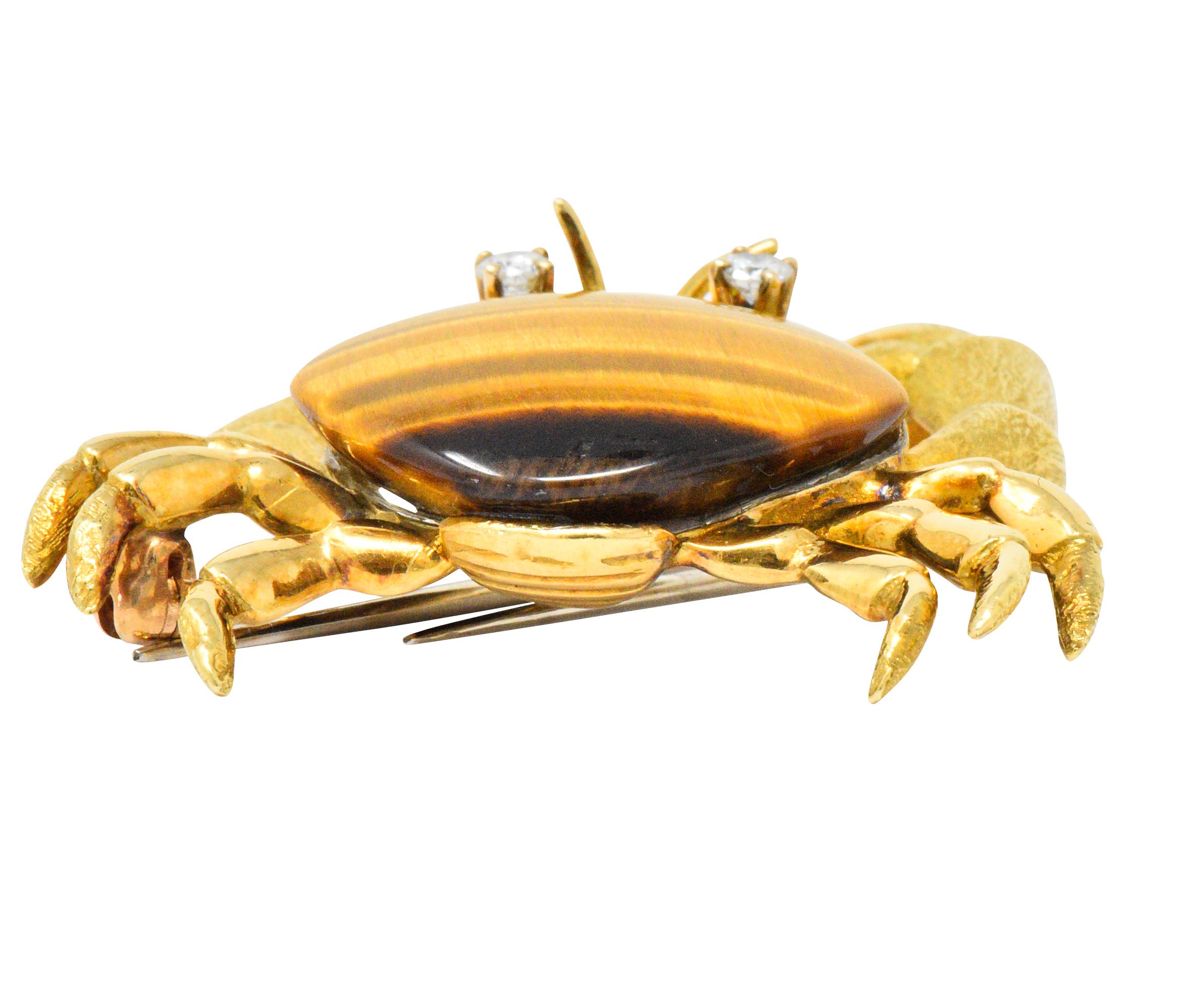 Retro Tiffany & Co. Diamond Tigers Eye 18 Karat Gold Crab Brooch Clip