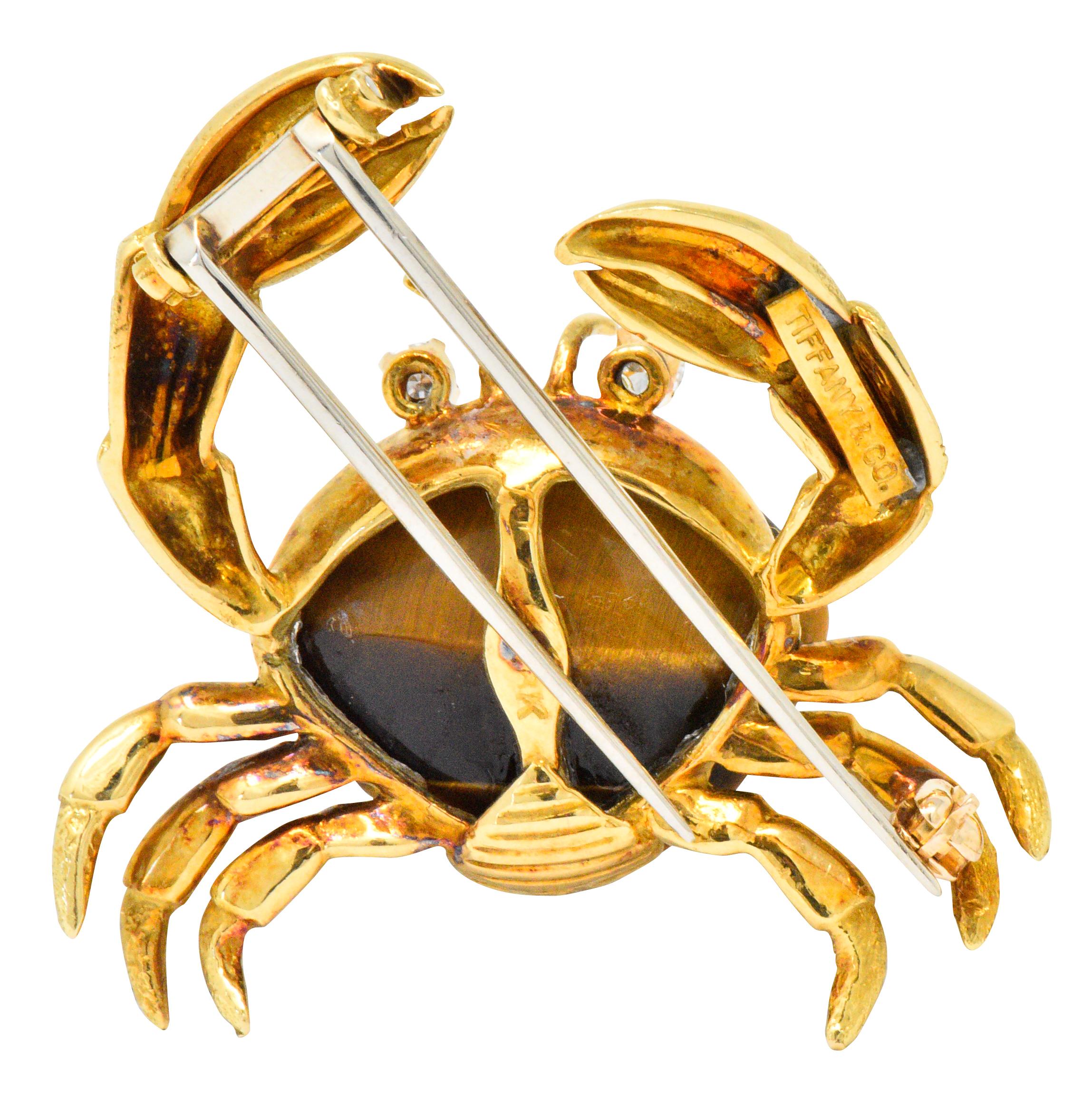 Tiffany & Co. Diamond Tigers Eye 18 Karat Gold Crab Brooch Clip In Excellent Condition In Philadelphia, PA