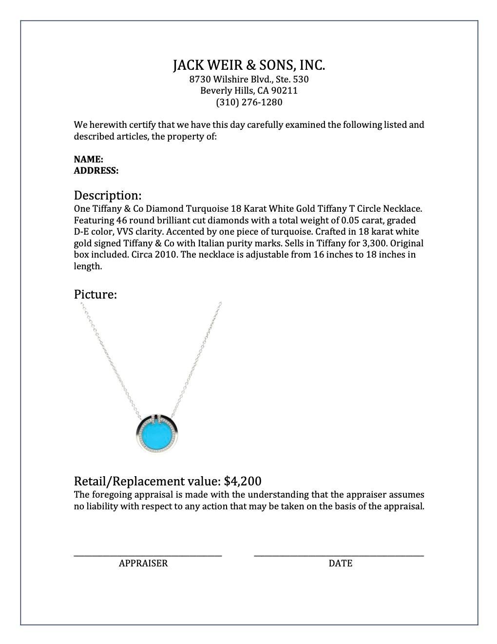 Tiffany & Co Diamond Turquoise 18 Karat White Gold Tiffany T Circle Necklace In Excellent Condition In Beverly Hills, CA