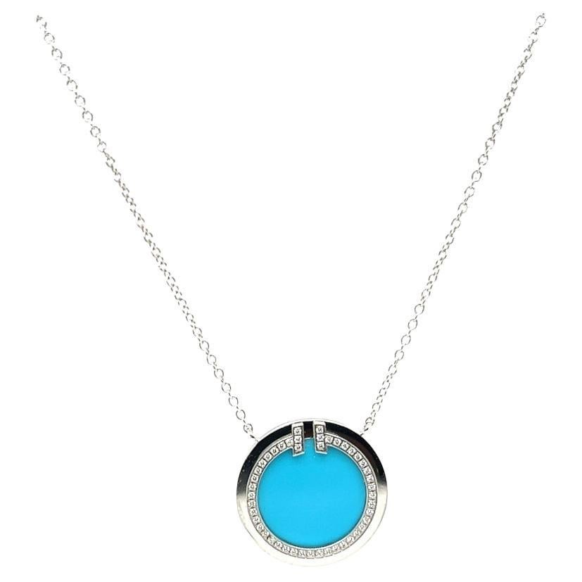 Tiffany & Co Diamond Turquoise 18 Karat White Gold Tiffany T Circle Necklace