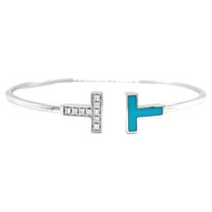 Tiffany & Co Diamond Turquoise 18 Karat White Gold Tiffany T Wire Bracelet