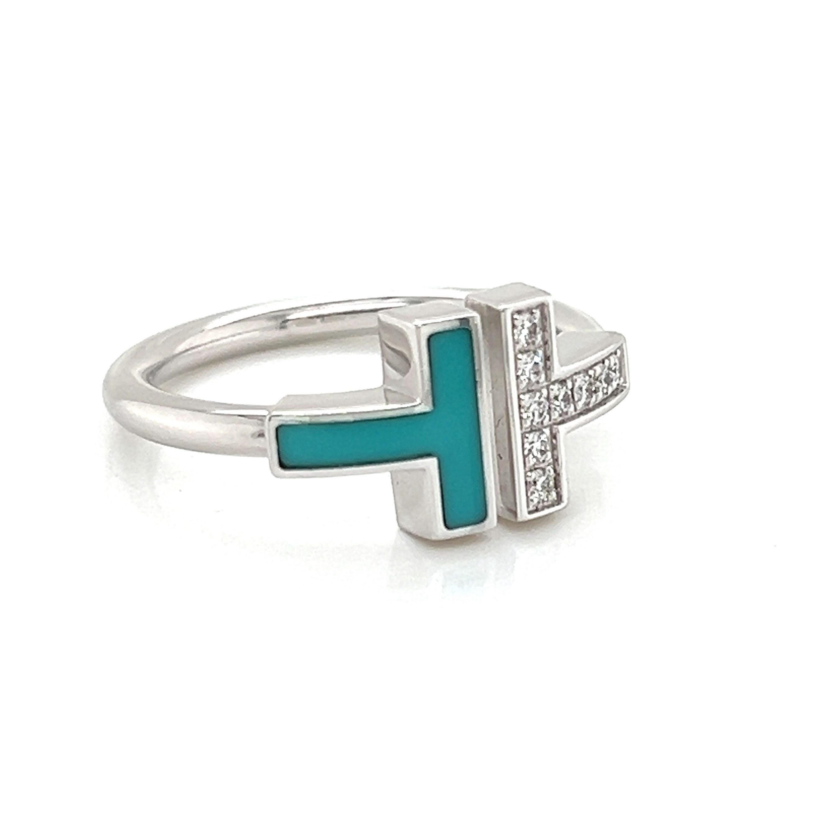 Tiffany & Co. Diamant & Türkis 18k Weißgold T Drahtring - Größe 6 (Moderne) im Angebot