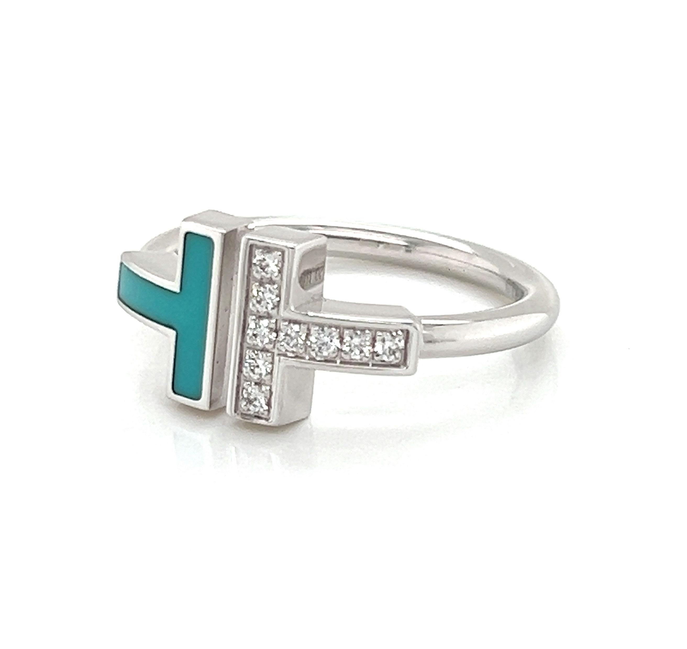 Tiffany & Co. Diamant & Türkis 18k Weißgold T Drahtring - Größe 6 im Zustand „Hervorragend“ im Angebot in Boca Raton, FL