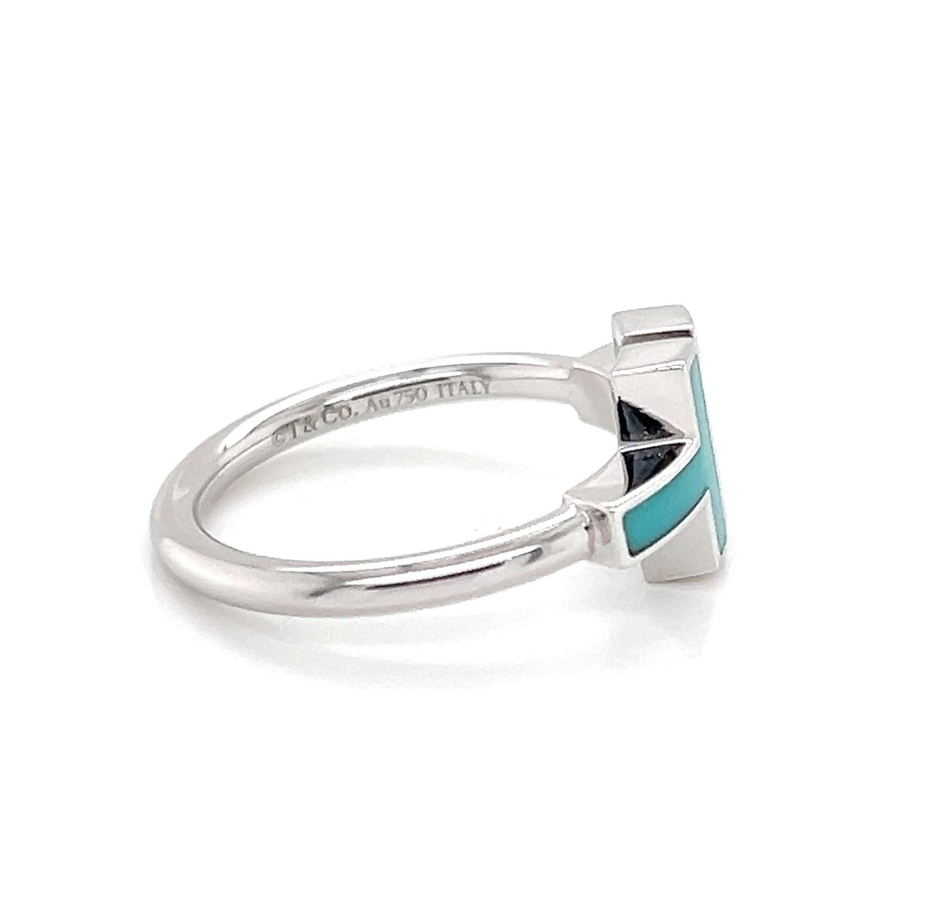 Tiffany & Co. Diamant & Türkis 18k Weißgold T Drahtring - Größe 6 im Angebot 1