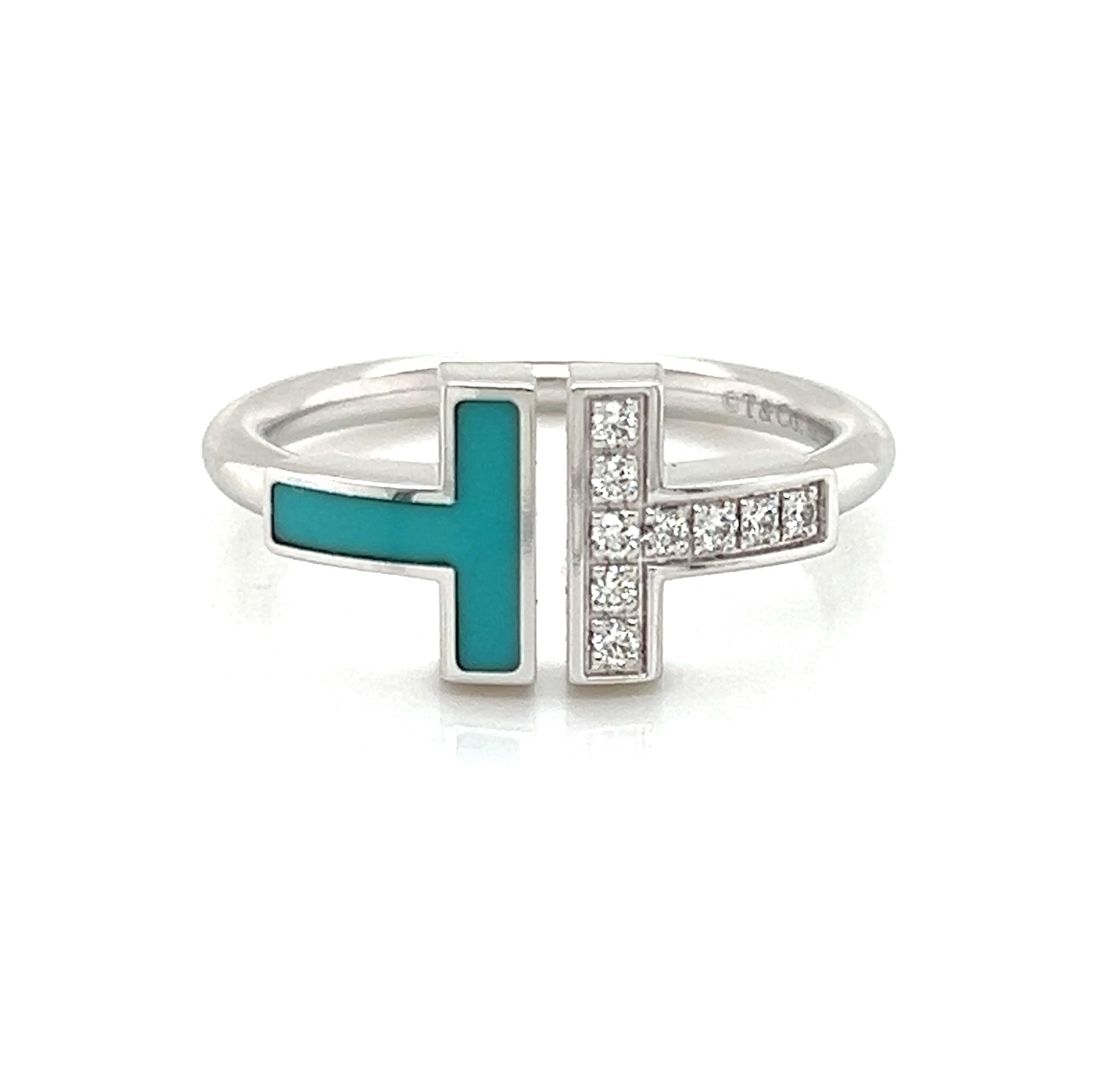 Tiffany & Co. Diamant & Türkis 18k Weißgold T Drahtring - Größe 6 im Angebot 2
