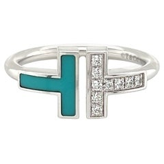 Tiffany & Co. Diamond & Turquoise 18k White Gold T Wire Ring - Size 6