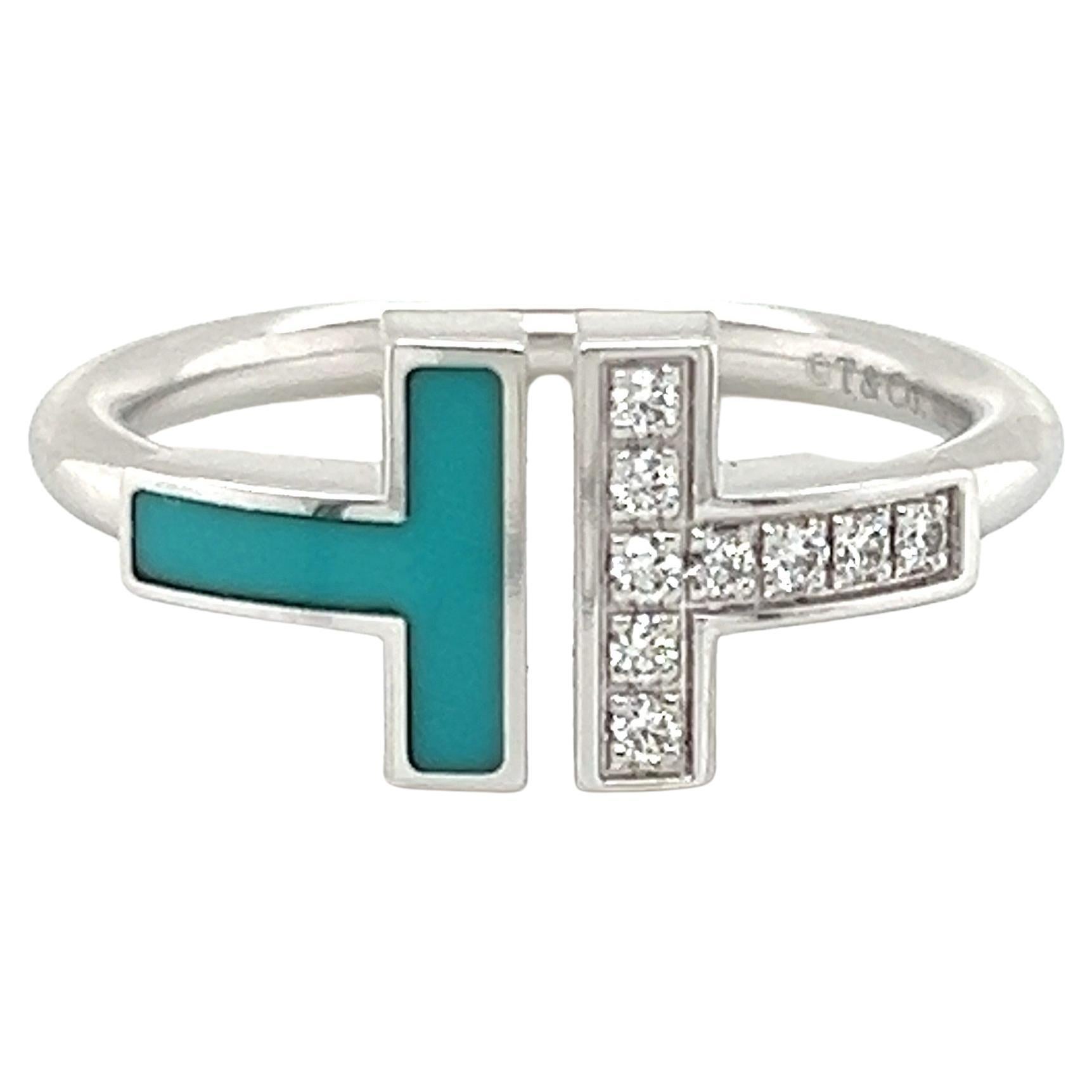 Tiffany & Co. Diamant & Türkis 18k Weißgold T Drahtring - Größe 6