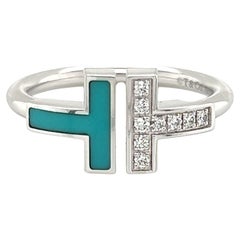 Tiffany & Co. Bague T en or blanc 18 carats avec diamants et turquoise - Taille 6