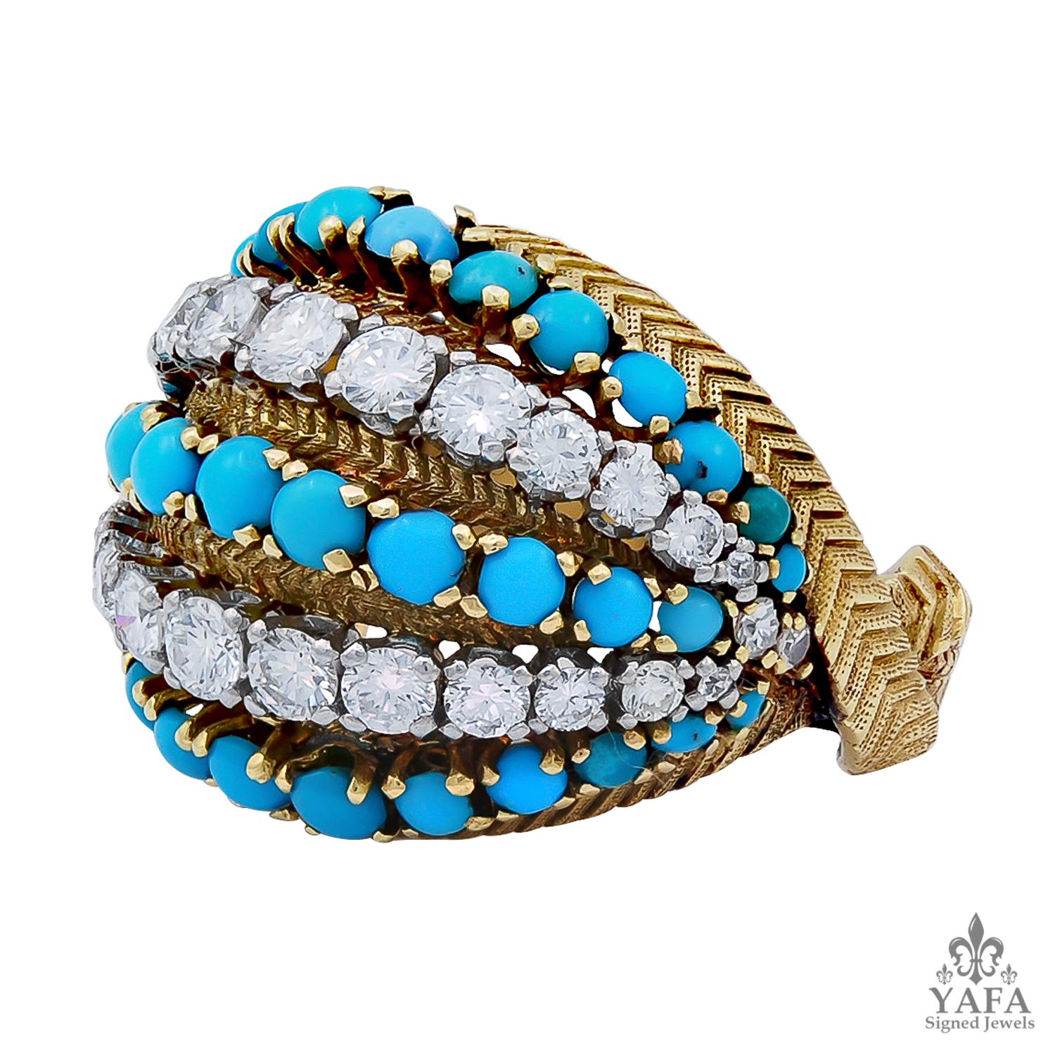 TIFFANY & Co Diamond, Turquoise Dome Ring
An 18k yellow gold dome ring, set with brilliant-cut diamonds and turquoise.
ring size  6.75
approx.  18.8 grams
signed “TIFFANY & CO.“; circa 1970s