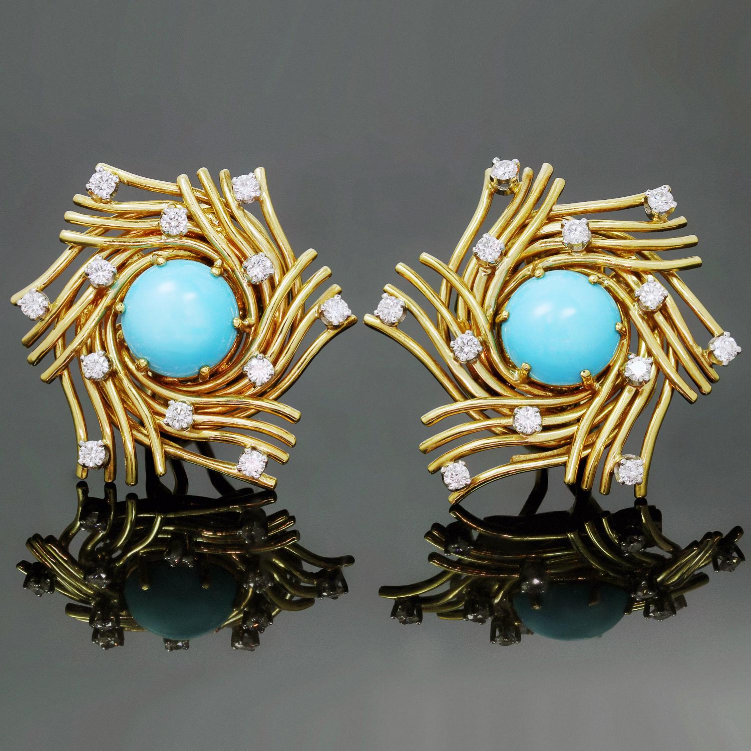 These striking Tiffany & Co. earrings are crafted in 18k yellow gold and feature round cabochon turquoise stones set in a swirl of gold wire and accented with platinum prong-set brilliant-cut round diamonds of an estimated 1.20 carats. The hinged
