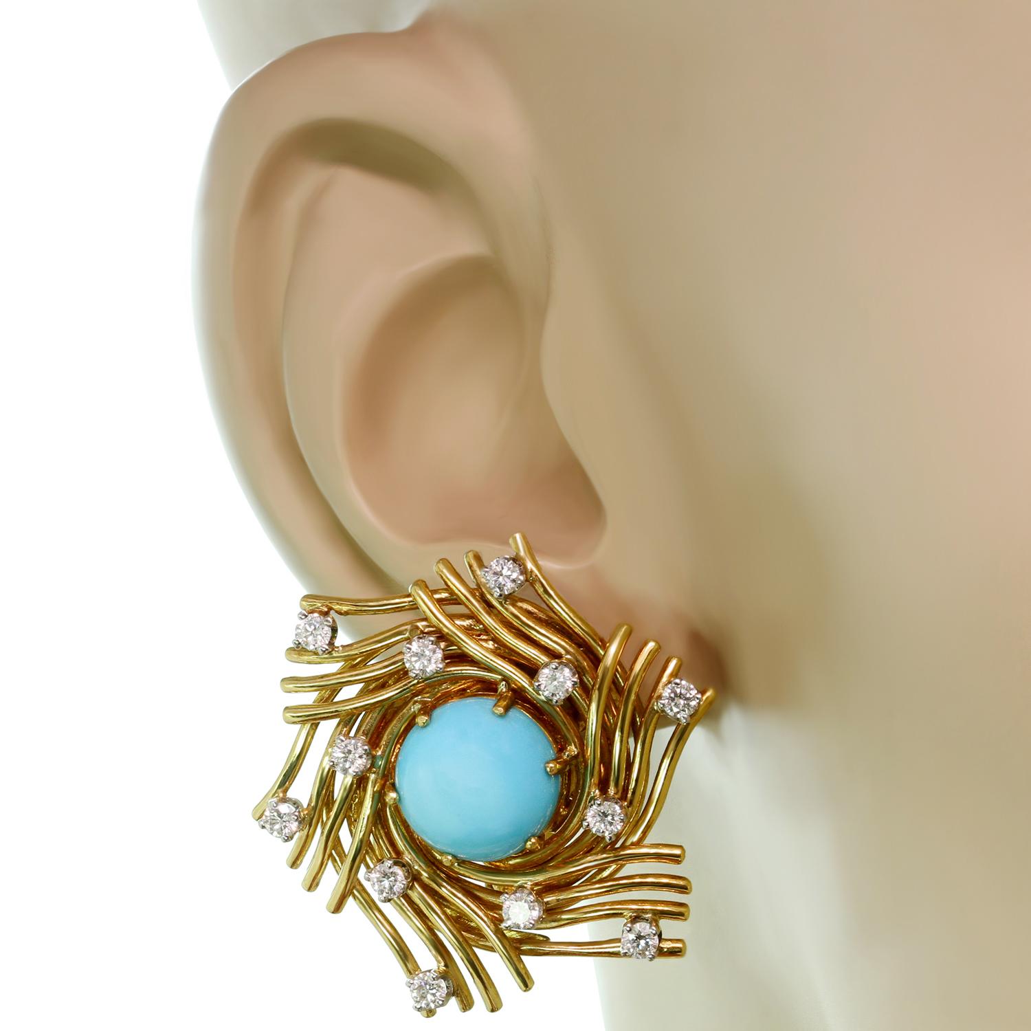 Tiffany & Co. Diamond Turquoise Platinum Yellow Gold Clip-On Earrings In Excellent Condition In New York, NY