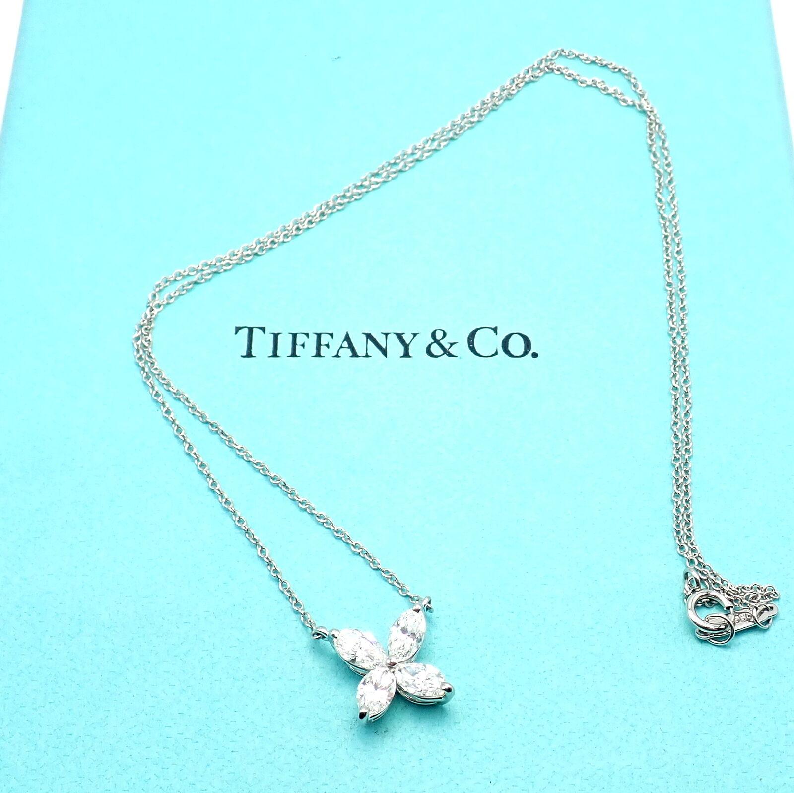 Platinum Victoria Diamond Large Pendant Necklace by Tiffany & Co. 
Authentic Tiffany & Co Victoria large pendant necklace, exquisitely crafted in platinum. Adorned with a stunning 0.81ctw of marquise diamonds, it radiates elegance. 
This piece, part