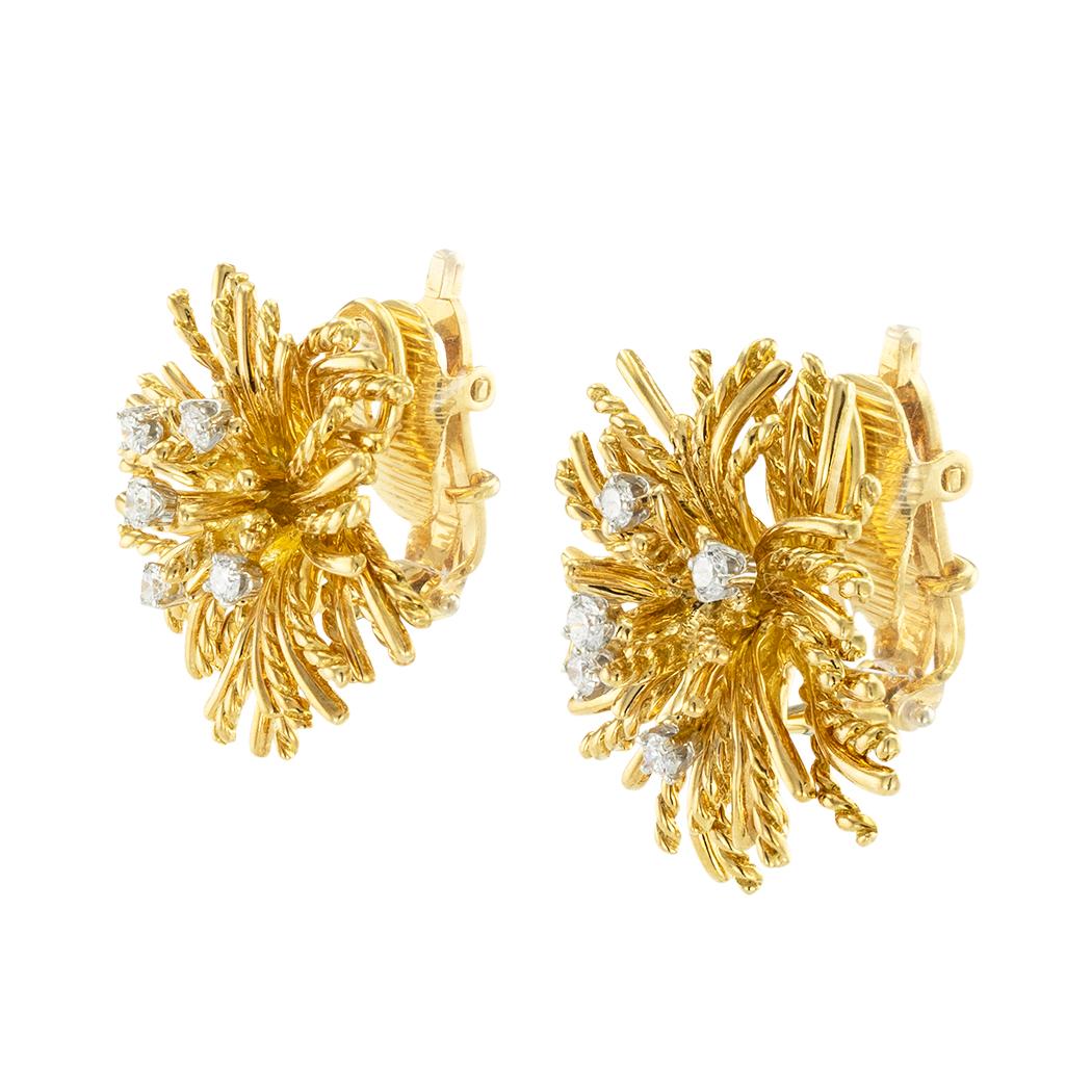 Tiffany & Co diamond and yellow gold Anemone clip-on earrings circa 1980. *

ABOUT THIS ITEM:  #E-DJ512C. Scroll down for detailed specifications.  The Anemone earrings are part of a jewelry collection of jewels by Tiffany & Co. These iconic designs