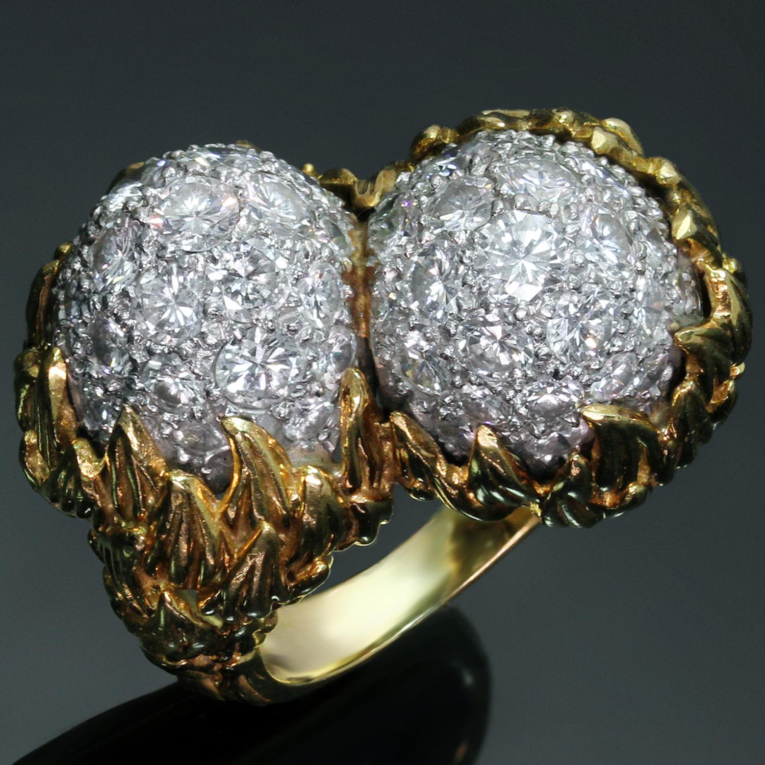 This fabulous vintage Tiffany & Co. ring feature a retro double acorn design crafted in 18k yellow gold and set in platinum with brilliant-cut round diamonds weighing an estimated 3.50 - 4.00 carats. Made in United States circa 1960s. Measurements: