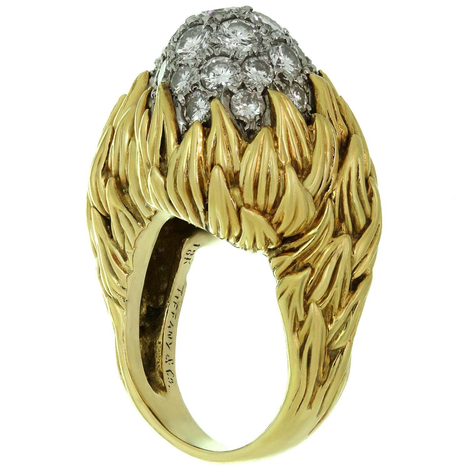 Brilliant Cut Tiffany & Co. Diamond Yellow Gold Platinum Double Acorn Ring For Sale