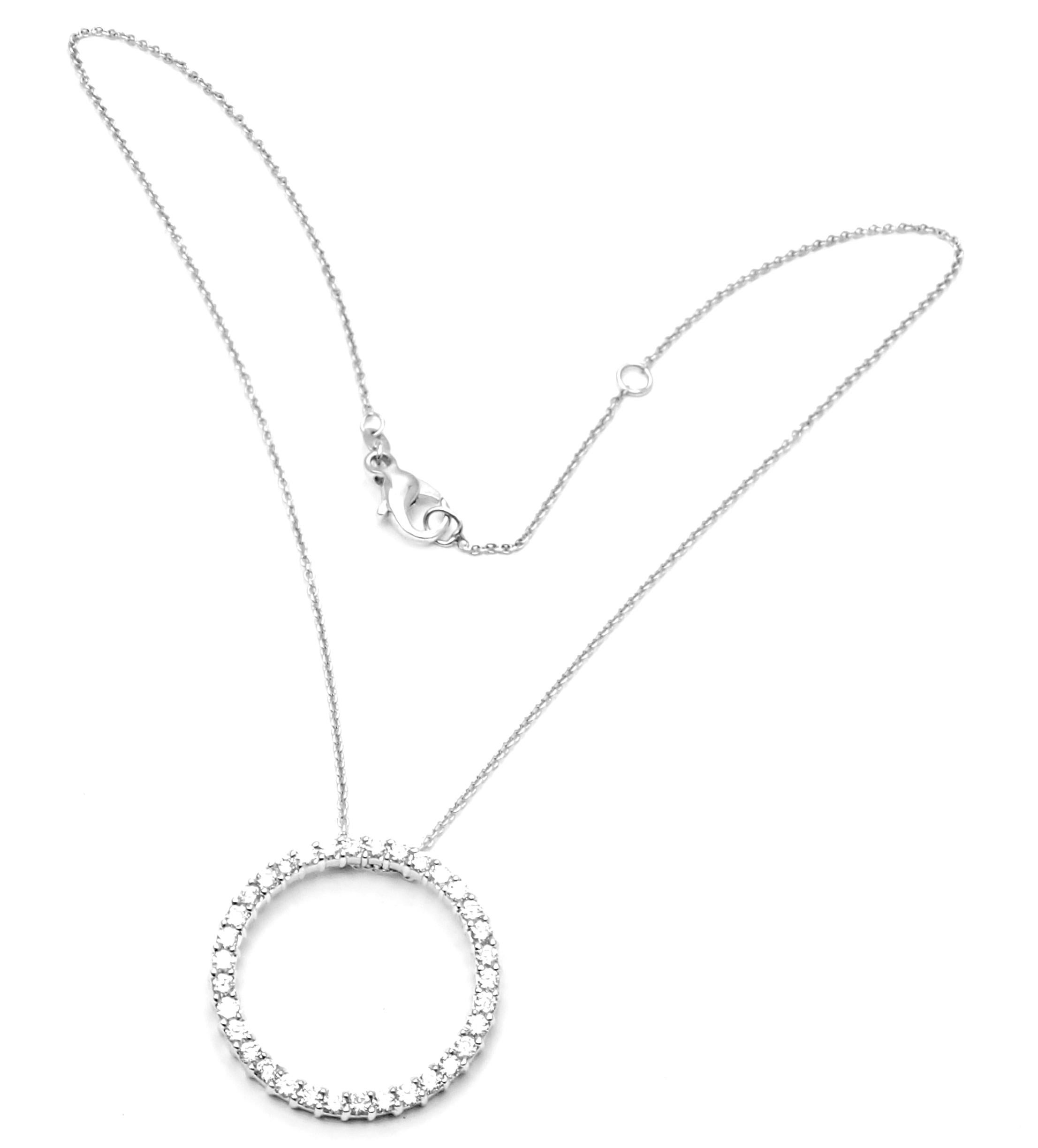 18k White Gold Circle Of Life Diamond Pendant Necklace by Roberto Coin. 
With 33 round brilliant cut diamonds VS2 clarity, G color total weight approx. 3.23ct
1 Round Ruby
Details:
Necklace Length: 18''
Pendant: 32mm
Weight: 7.3 grams
Stamped