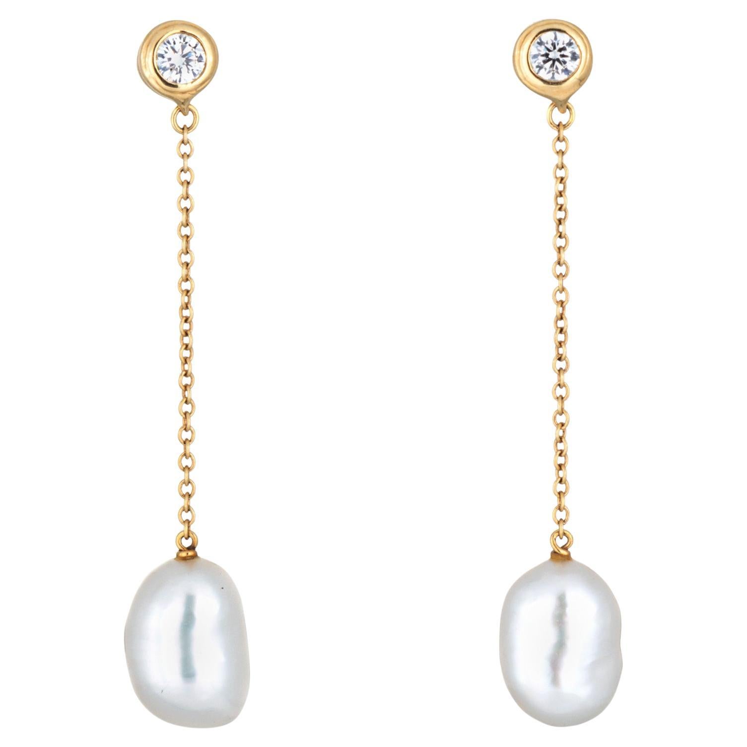 Tiffany & Co Diamonds by the Yard Pearl Earrings 1.5" 18k Yellow Gold Peretti For Sale