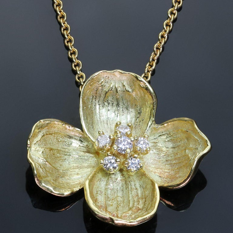Tiffany and Co. Dogwood Diamond Yellow Gold Flower Pendant Necklace at ...