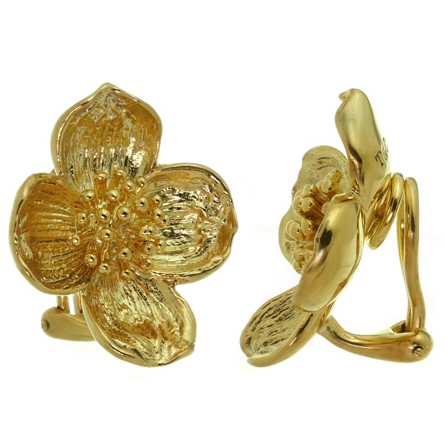 Tiffany & Co. Dogwood Flower Sterling Silver Gold Plated Earrings & Brooch Set In Excellent Condition In New York, NY