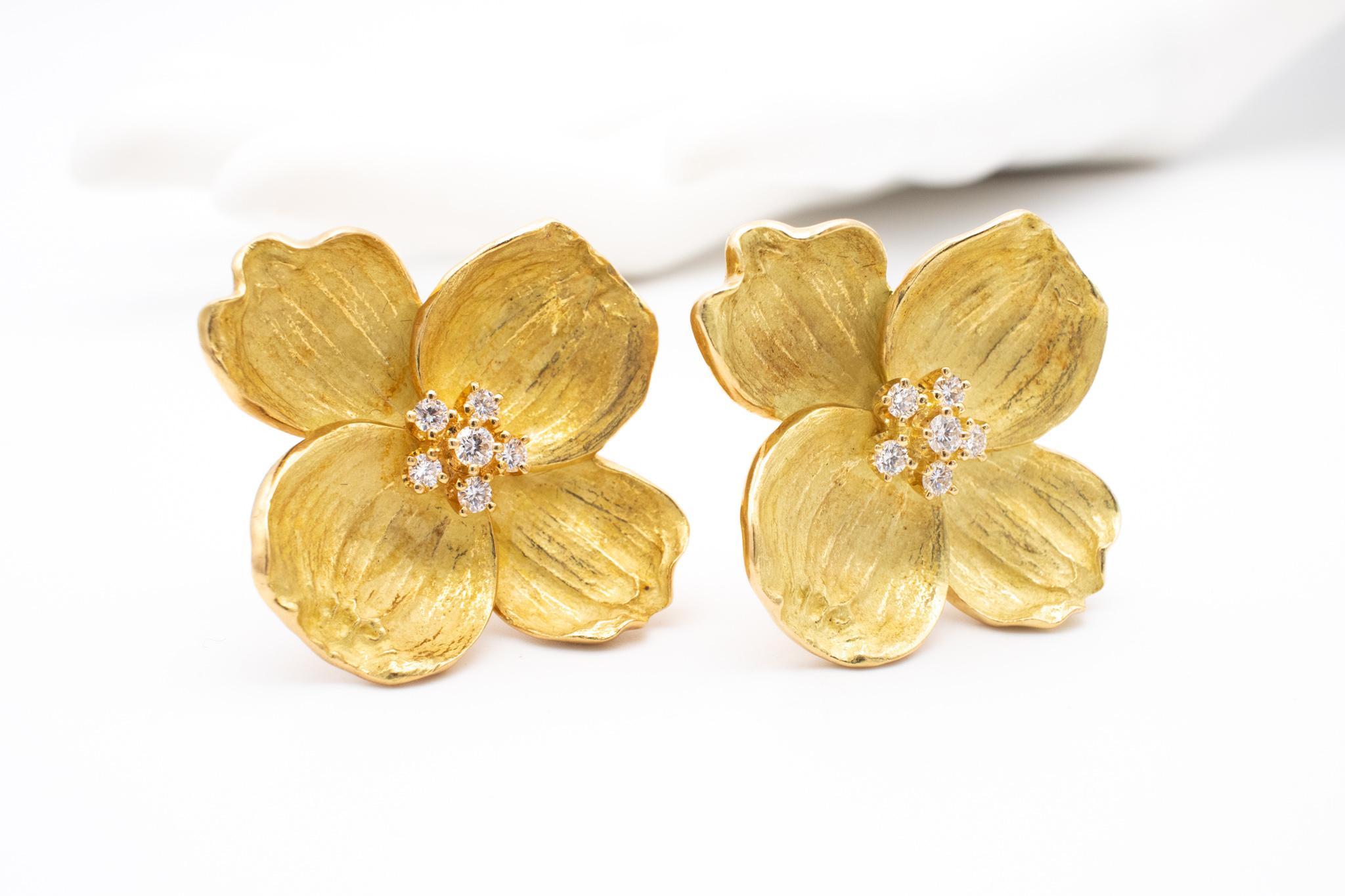 Brilliant Cut Tiffany Co Dogwood Flowers Extra Large Earrings In 18Kt Yellow Gold VS Diamonds