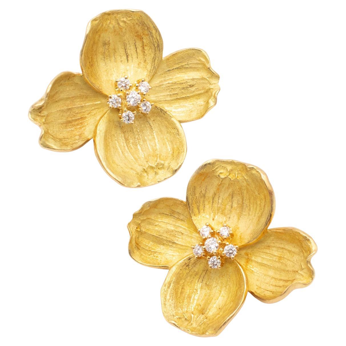 Tiffany Co Dogwood Flowers Extra Large Earrings In 18Kt Yellow Gold VS Diamonds