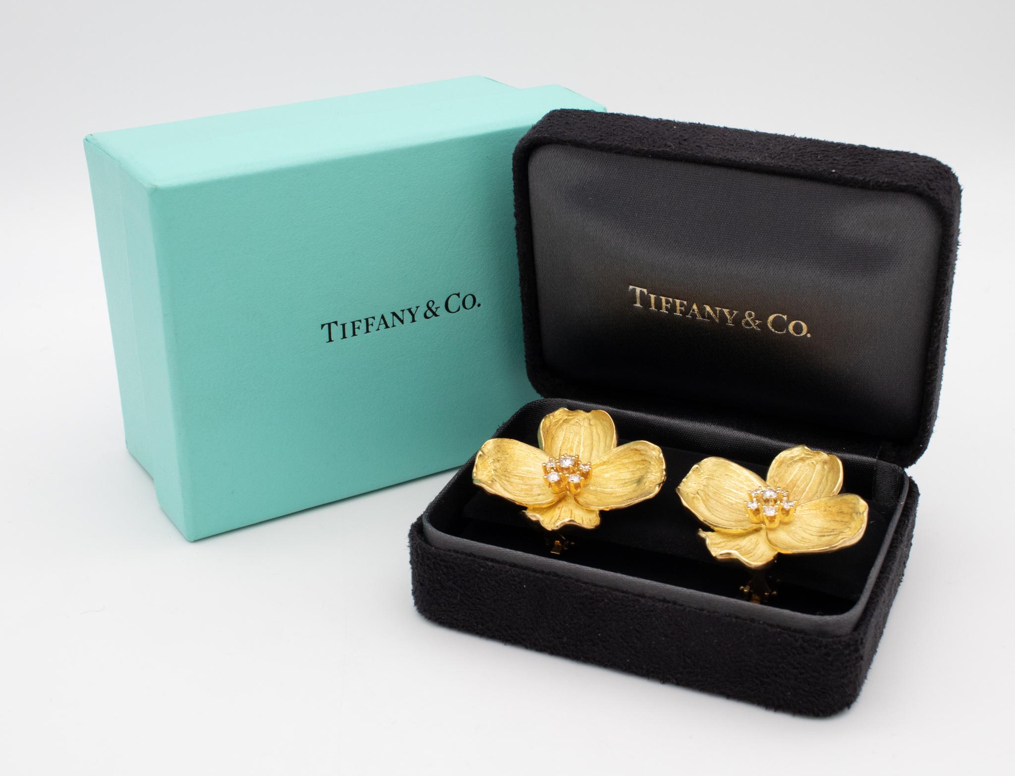 Rare pair of Dogwood flowers earrings designed by Tiffany & Co. 

The American perennial collection was created by Tiffany & Co. in the early 1980's to recognize and honor the most popular flowers of North America. Five models of flowers in