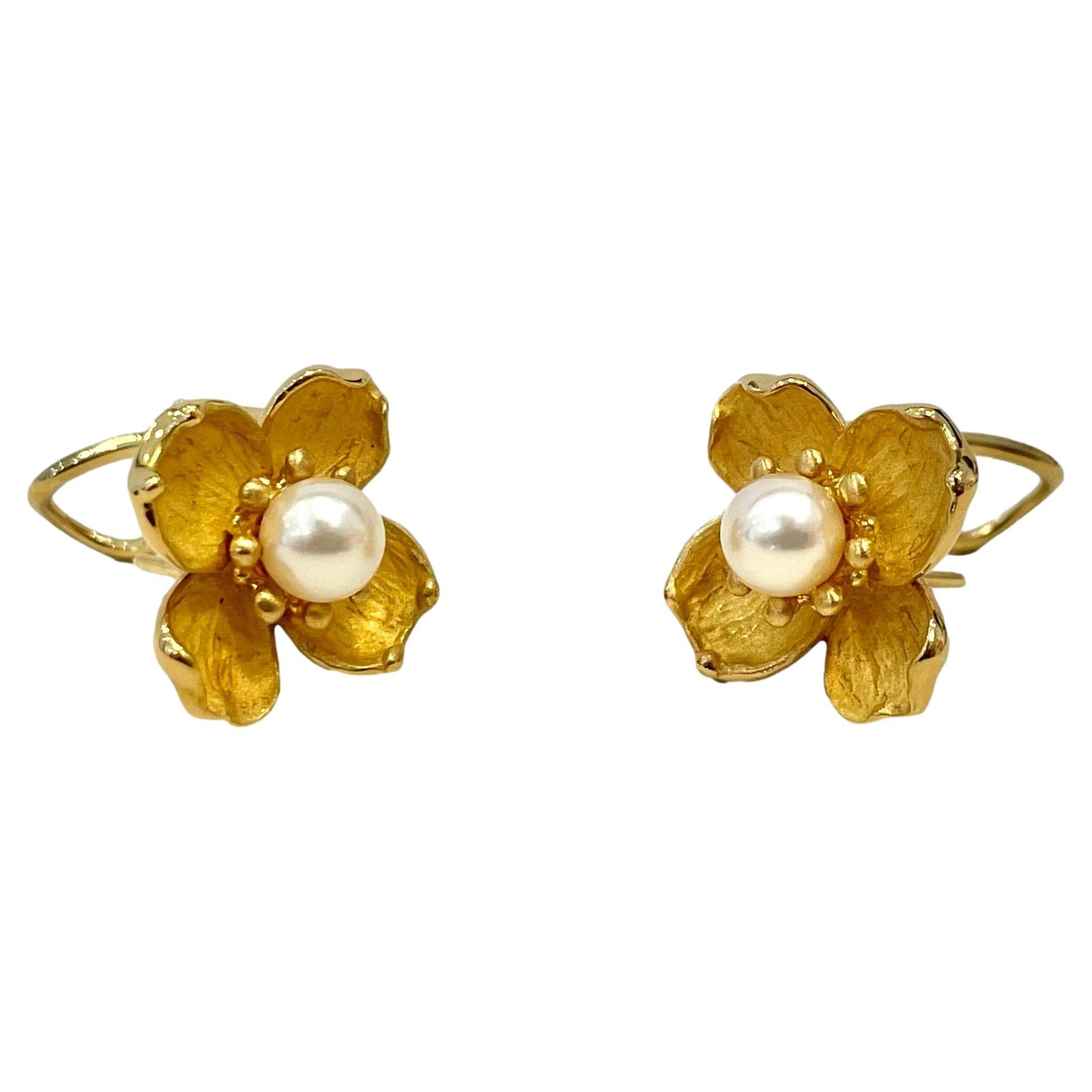 Tiffany & Co. Dogwood & Pearl Earrings in 18 Karat Yellow Gold For Sale